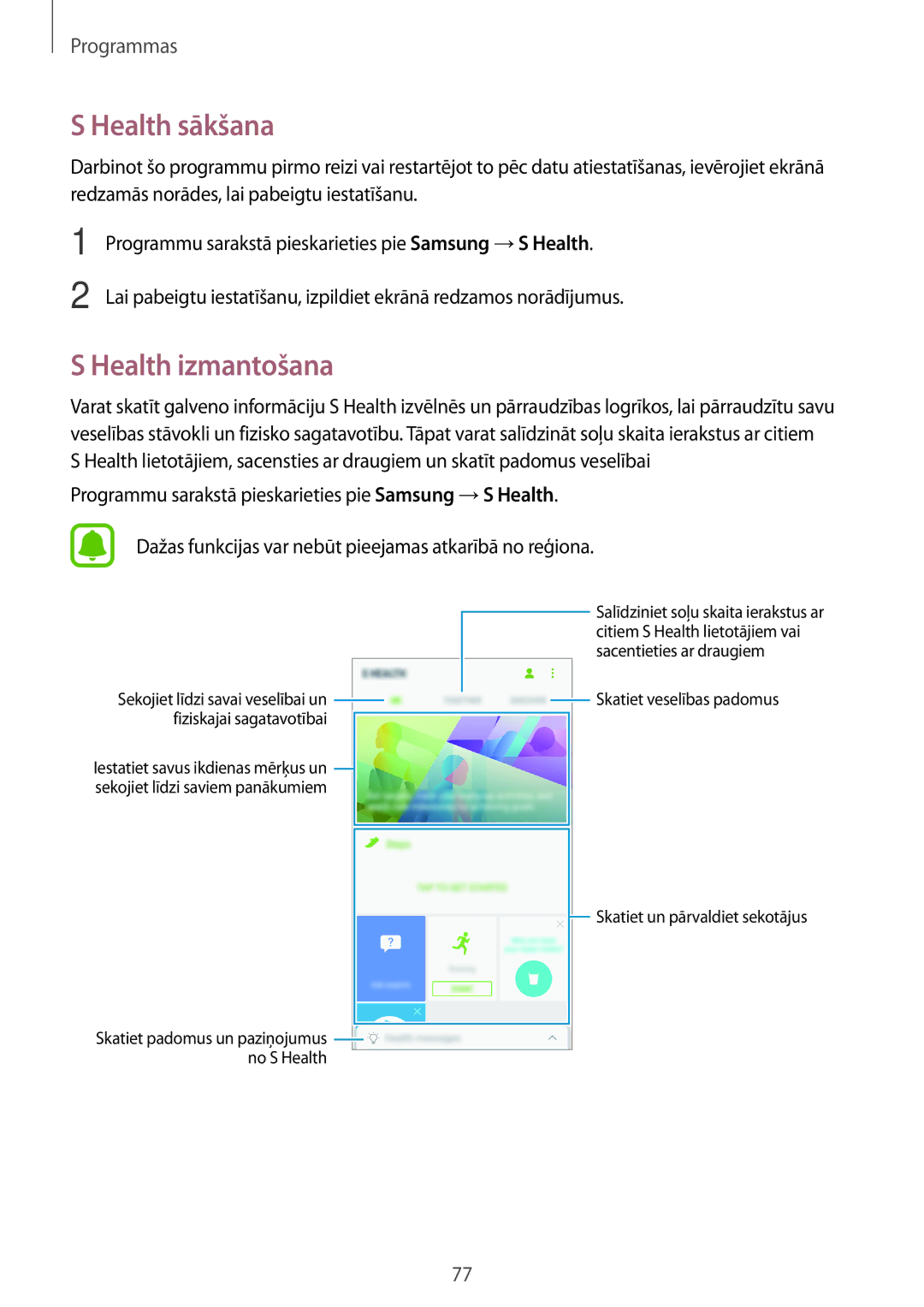 Samsung SM-A310FZDASEB, SM-A310FZKASEB manual Health sākšana, Health izmantošana 