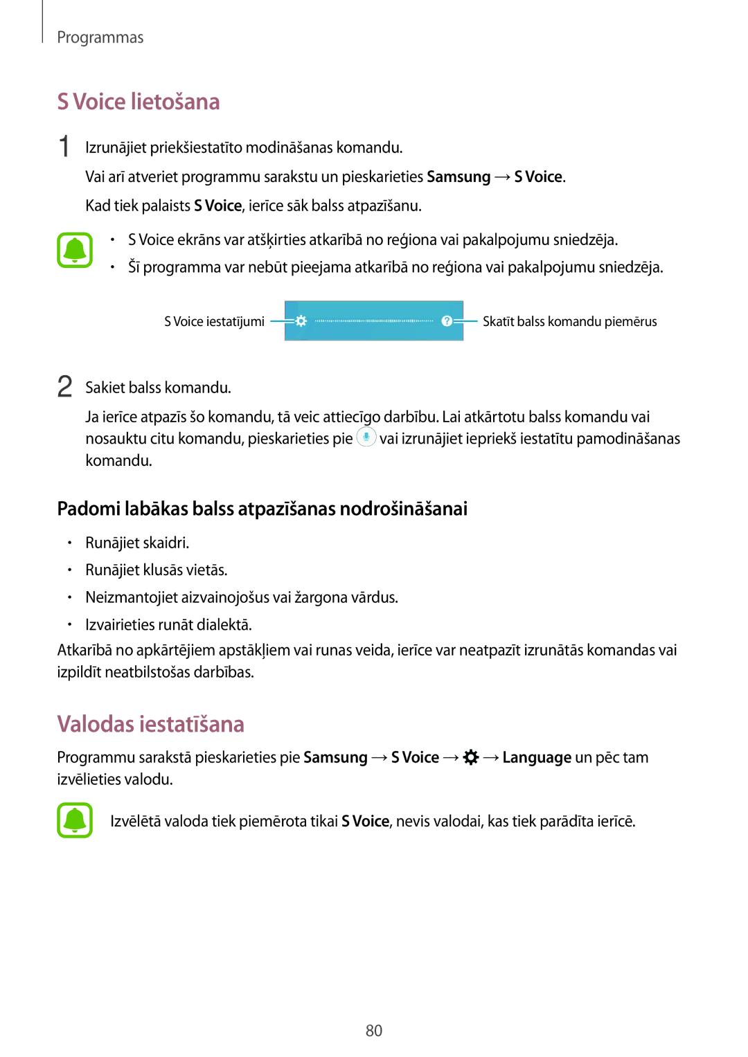 Samsung SM-A310FZKASEB manual Voice lietošana, Valodas iestatīšana, Padomi labākas balss atpazīšanas nodrošināšanai 