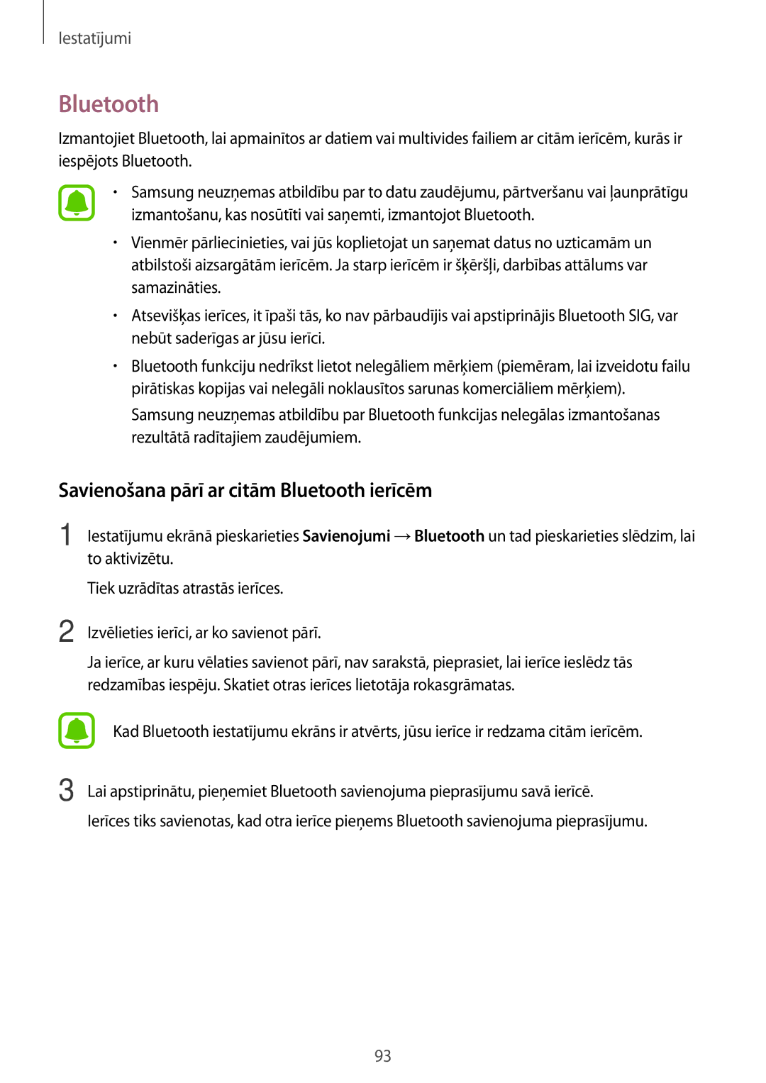 Samsung SM-A310FZDASEB, SM-A310FZKASEB manual Savienošana pārī ar citām Bluetooth ierīcēm 