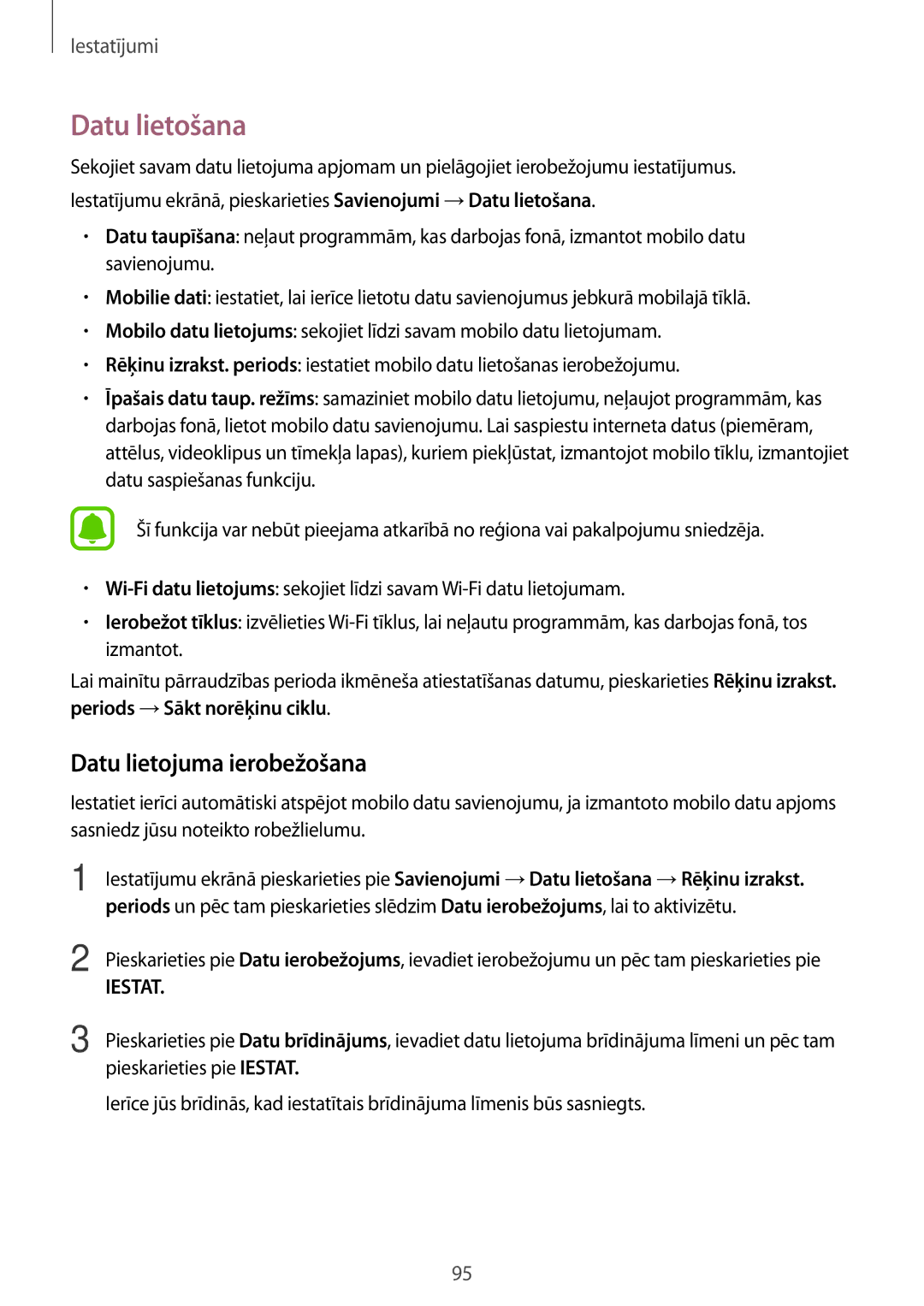 Samsung SM-A310FZDASEB, SM-A310FZKASEB manual Datu lietošana, Datu lietojuma ierobežošana 
