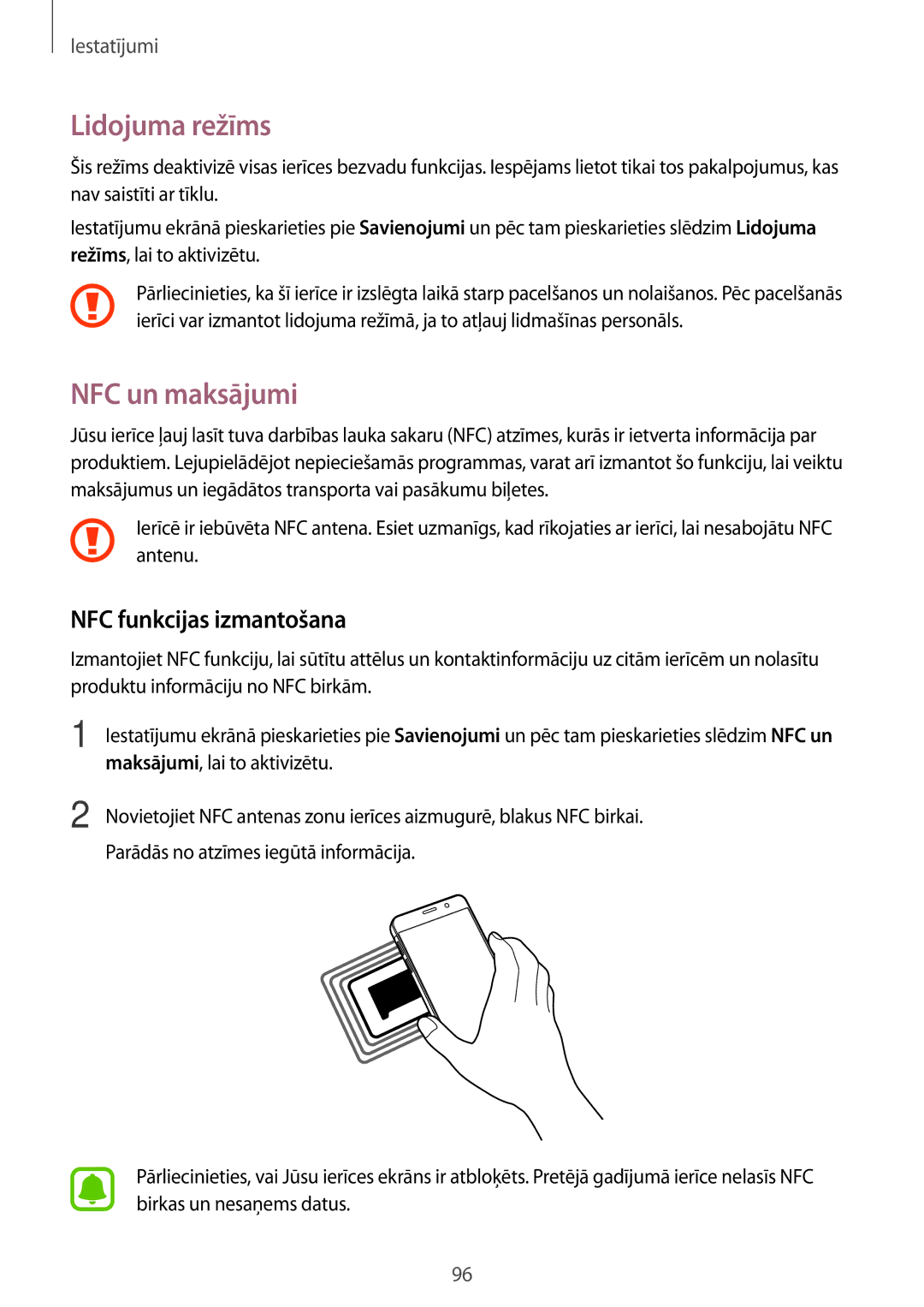 Samsung SM-A310FZKASEB manual Lidojuma režīms, NFC un maksājumi, NFC funkcijas izmantošana, Maksājumi, lai to aktivizētu 