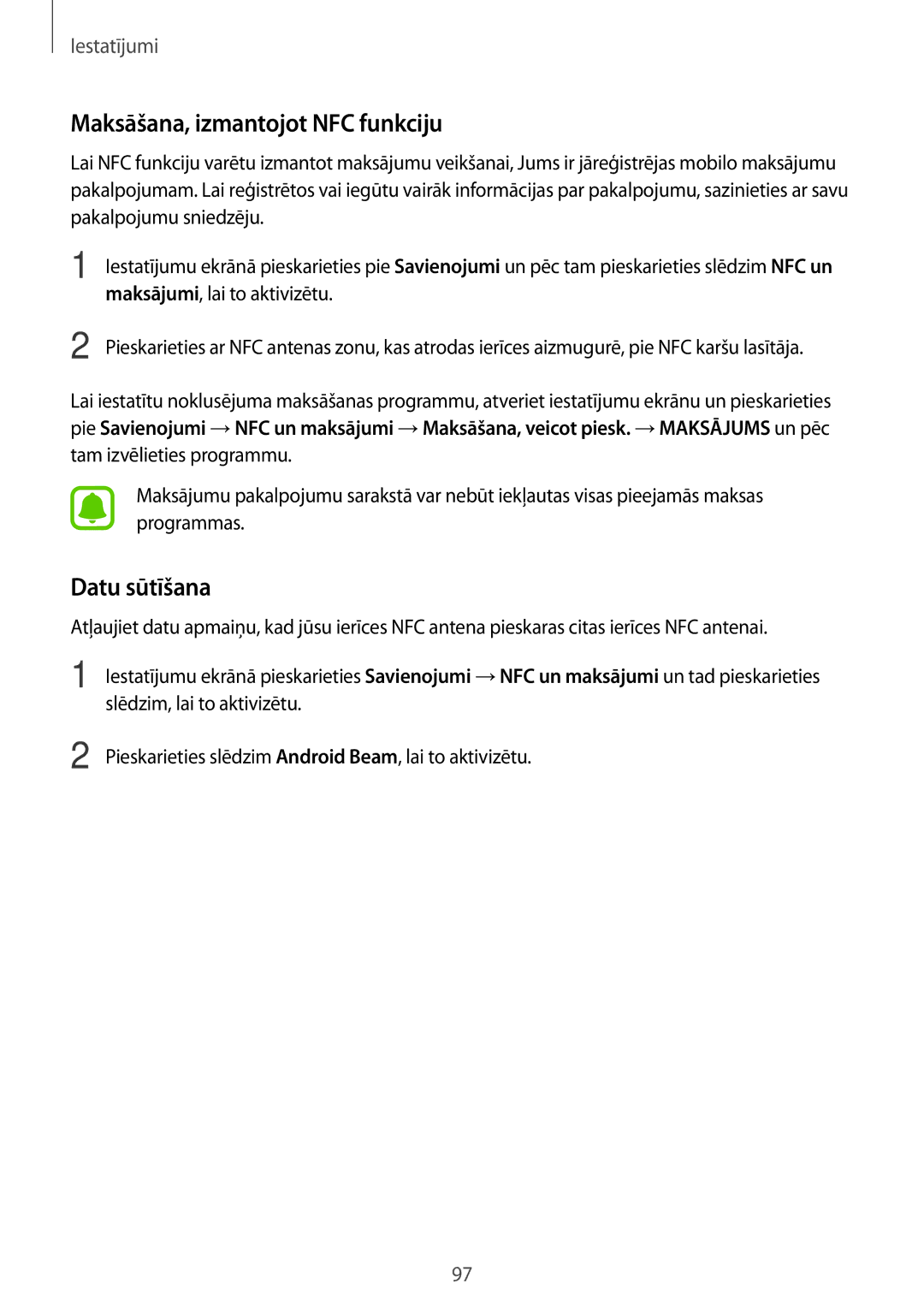 Samsung SM-A310FZDASEB, SM-A310FZKASEB manual Maksāšana, izmantojot NFC funkciju, Datu sūtīšana 