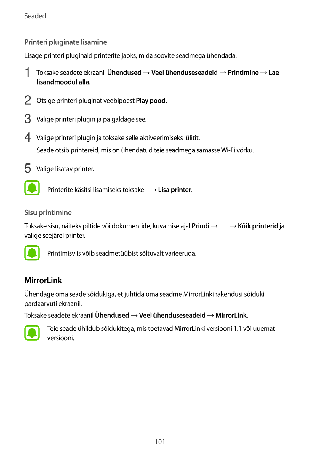 Samsung SM-A310FZDASEB, SM-A310FZKASEB manual MirrorLink, Printeri pluginate lisamine 