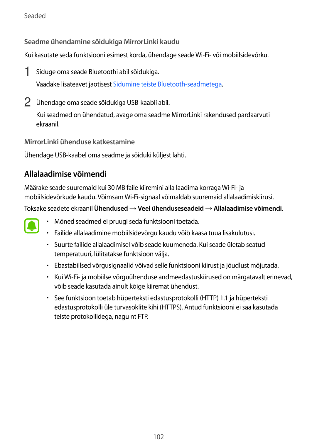 Samsung SM-A310FZKASEB, SM-A310FZDASEB manual Allalaadimise võimendi, Seadme ühendamine sõidukiga MirrorLinki kaudu 