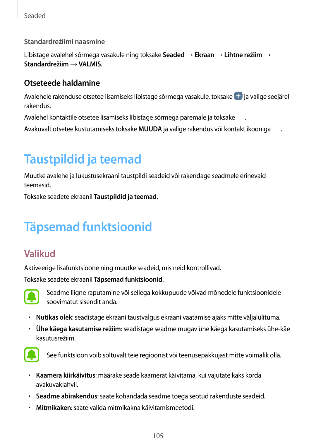 Samsung SM-A310FZDASEB, SM-A310FZKASEB manual Taustpildid ja teemad, Täpsemad funktsioonid, Otseteede haldamine 