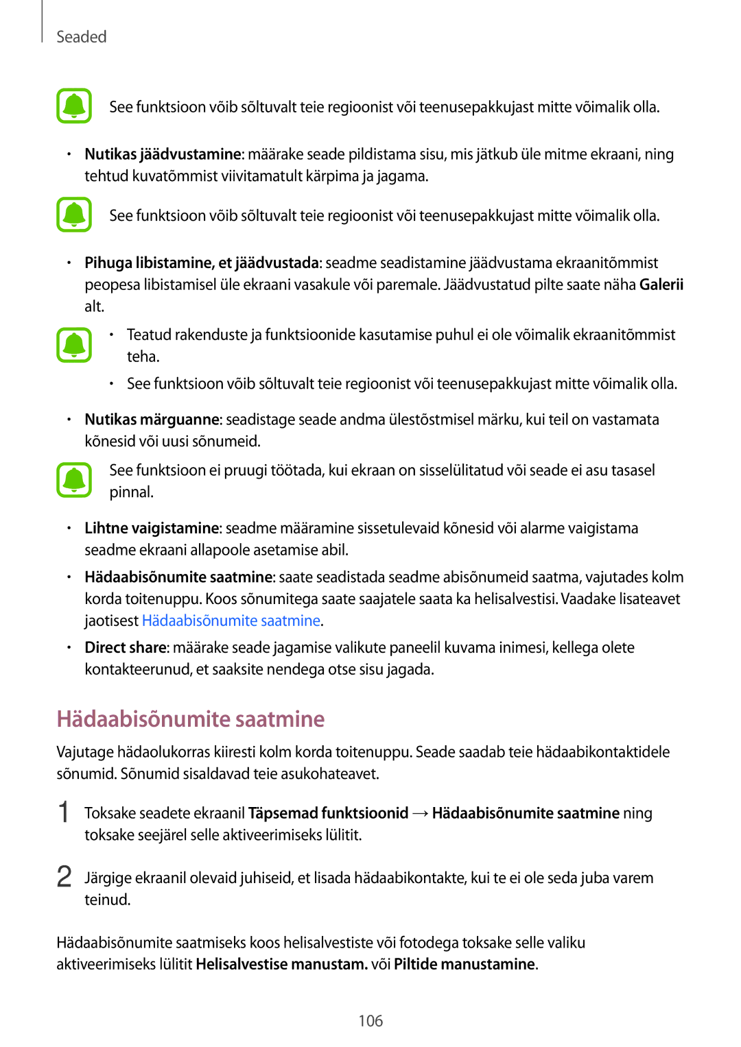 Samsung SM-A310FZKASEB, SM-A310FZDASEB manual Hädaabisõnumite saatmine 