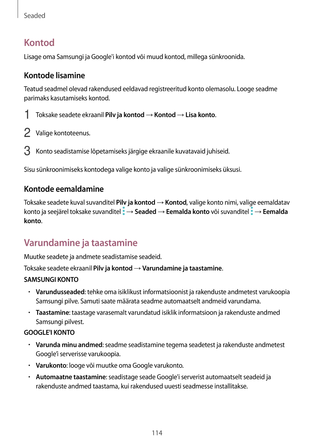 Samsung SM-A310FZKASEB, SM-A310FZDASEB manual Varundamine ja taastamine, Kontode lisamine, Kontode eemaldamine 