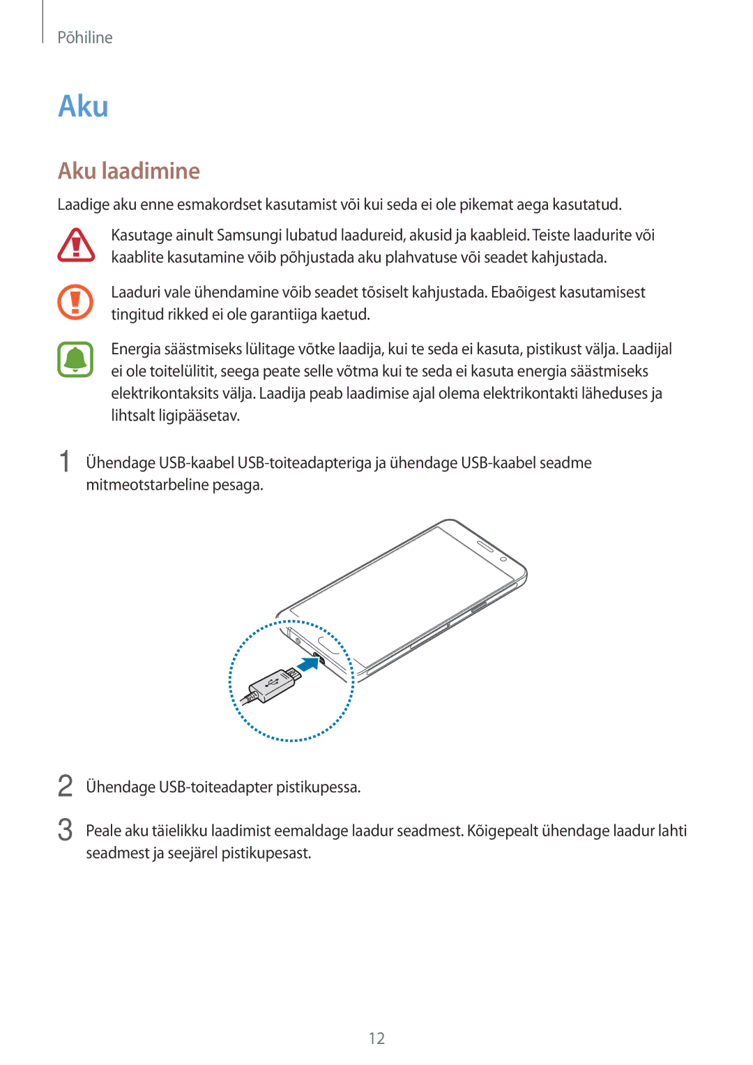 Samsung SM-A310FZKASEB, SM-A310FZDASEB manual Aku laadimine 