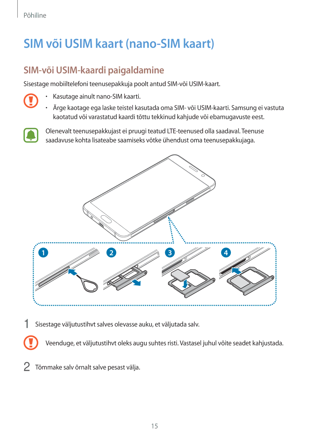 Samsung SM-A310FZDASEB, SM-A310FZKASEB manual SIM või Usim kaart nano-SIM kaart, SIM-või USIM-kaardi paigaldamine 