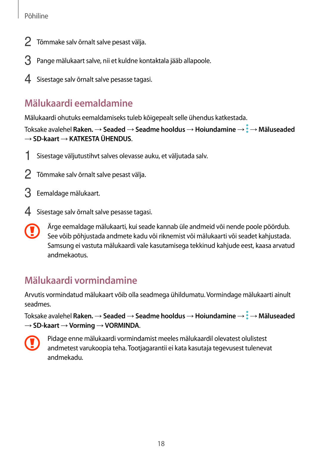 Samsung SM-A310FZKASEB, SM-A310FZDASEB manual Mälukaardi eemaldamine, Mälukaardi vormindamine, → SD-kaart →KATKESTA Ühendus 