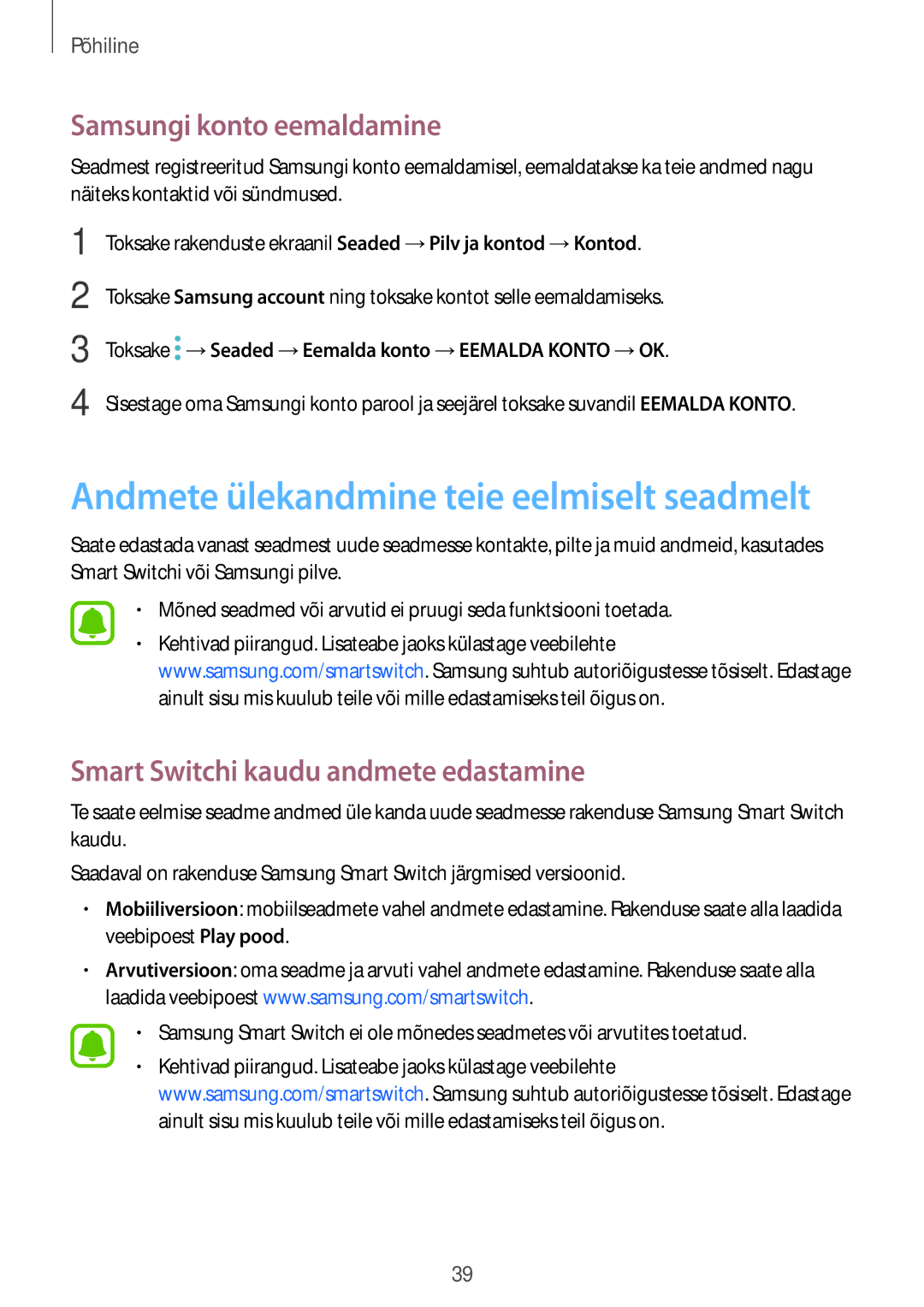 Samsung SM-A310FZDASEB, SM-A310FZKASEB manual Samsungi konto eemaldamine, Smart Switchi kaudu andmete edastamine 