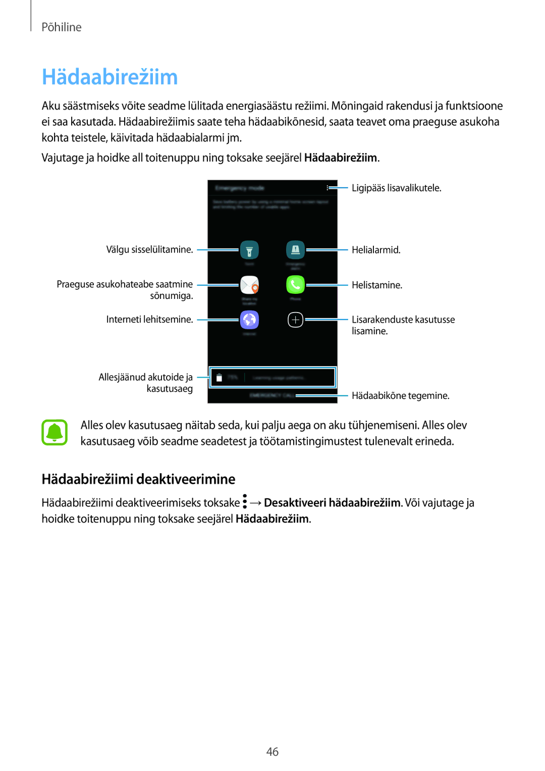 Samsung SM-A310FZKASEB, SM-A310FZDASEB manual Hädaabirežiimi deaktiveerimine 