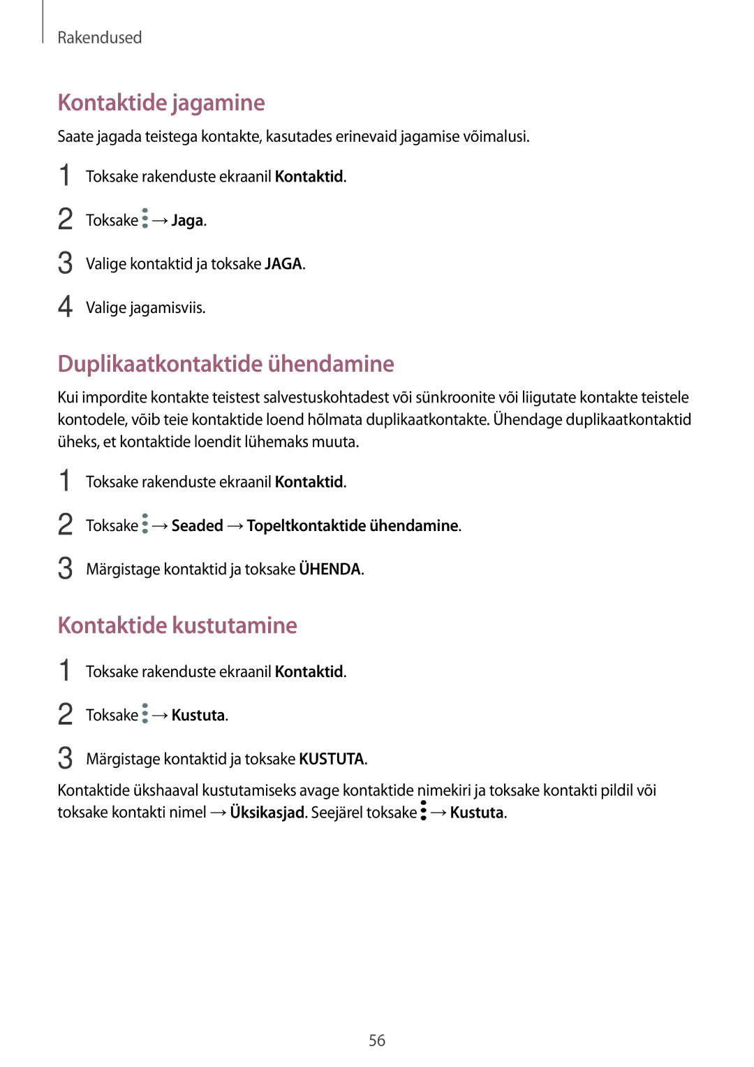 Samsung SM-A310FZKASEB, SM-A310FZDASEB manual Kontaktide jagamine, Duplikaatkontaktide ühendamine, Kontaktide kustutamine 