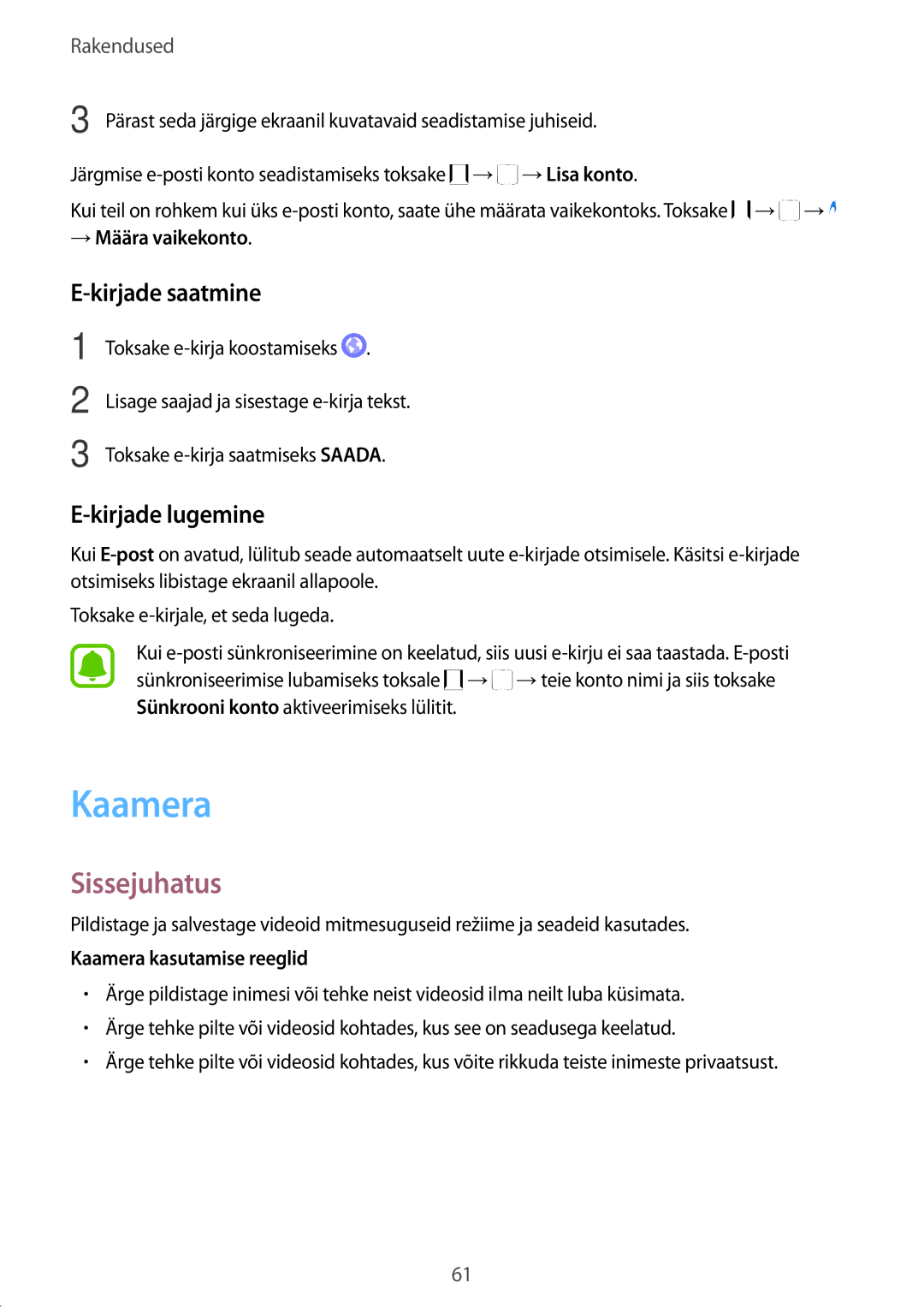 Samsung SM-A310FZDASEB manual Kirjade saatmine, Kirjade lugemine, → Määra vaikekonto, Kaamera kasutamise reeglid 