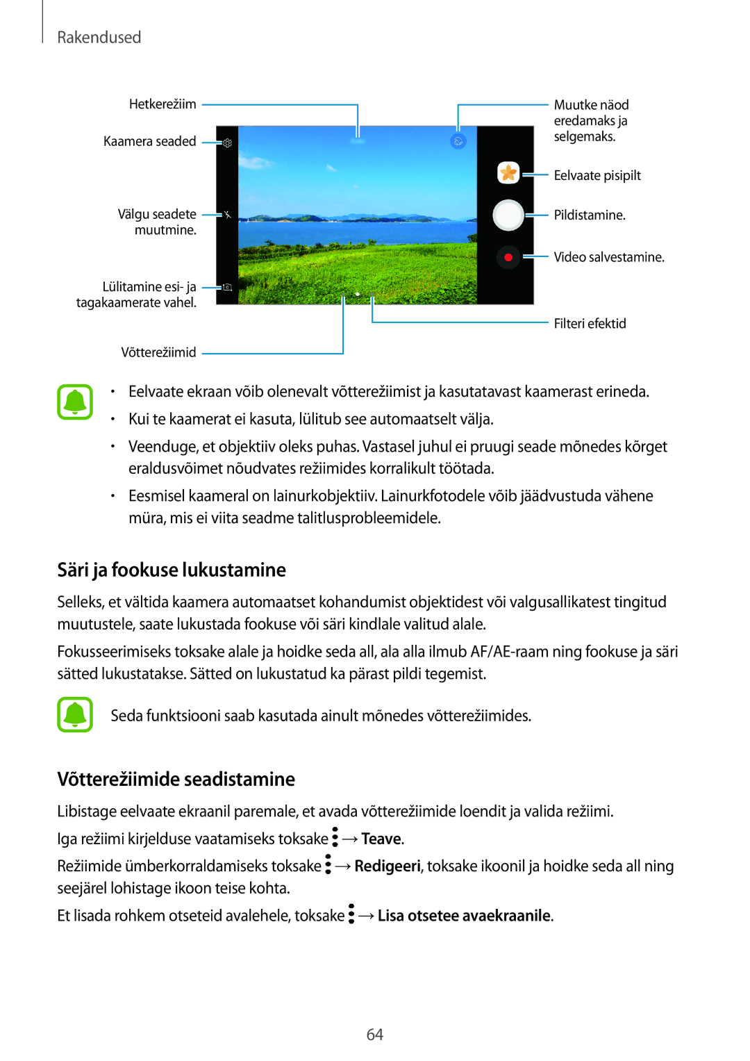 Samsung SM-A310FZKASEB, SM-A310FZDASEB manual Säri ja fookuse lukustamine, Võtterežiimide seadistamine 