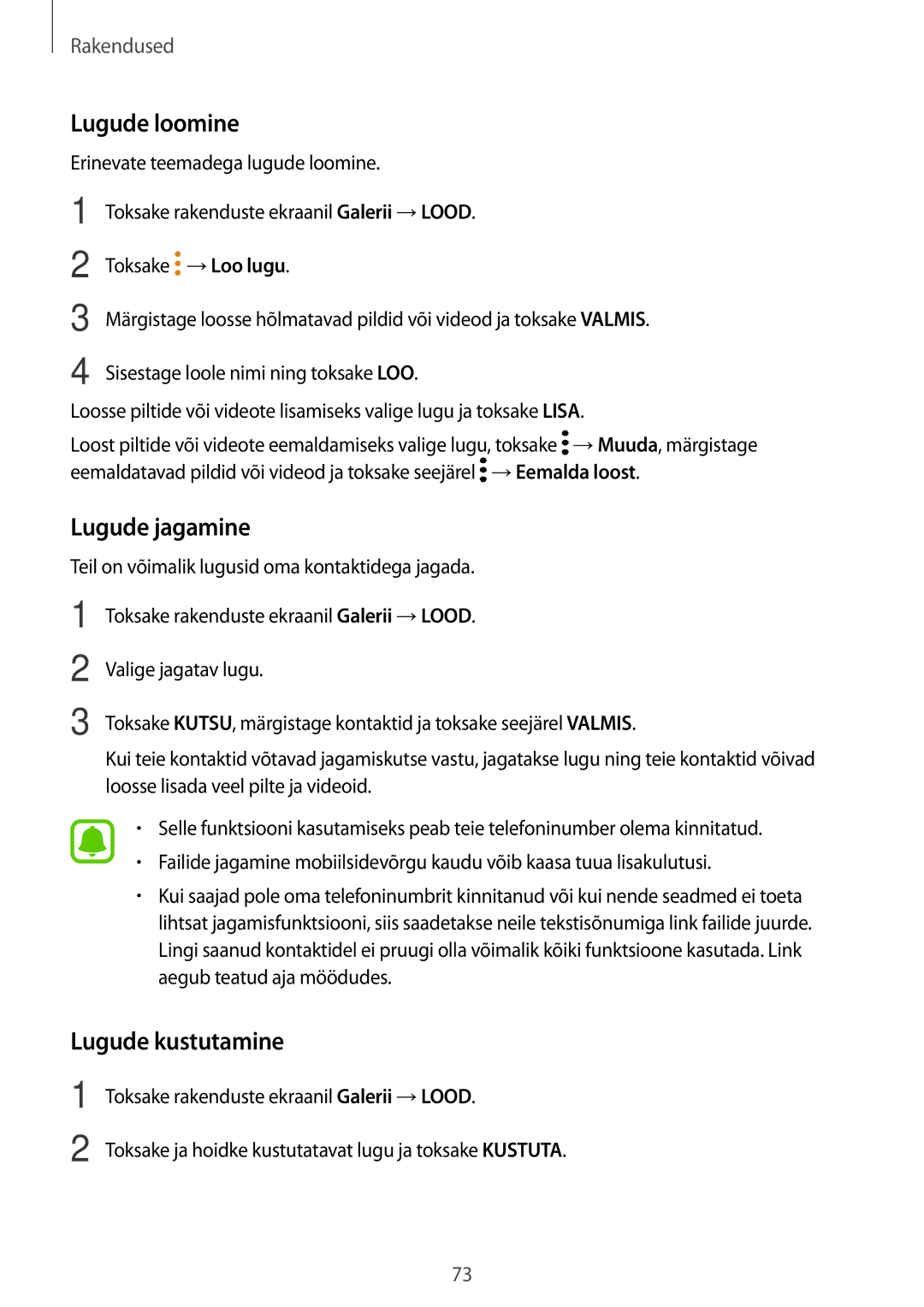 Samsung SM-A310FZDASEB, SM-A310FZKASEB manual Lugude loomine, Lugude jagamine, Lugude kustutamine 