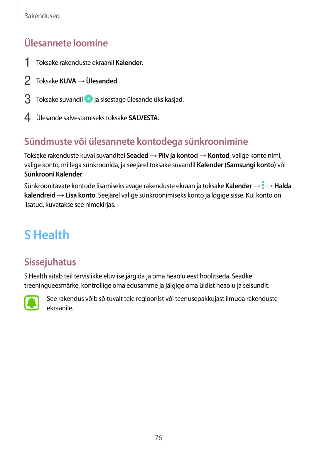 Samsung SM-A310FZKASEB, SM-A310FZDASEB manual Health, Ülesannete loomine, Sündmuste või ülesannete kontodega sünkroonimine 