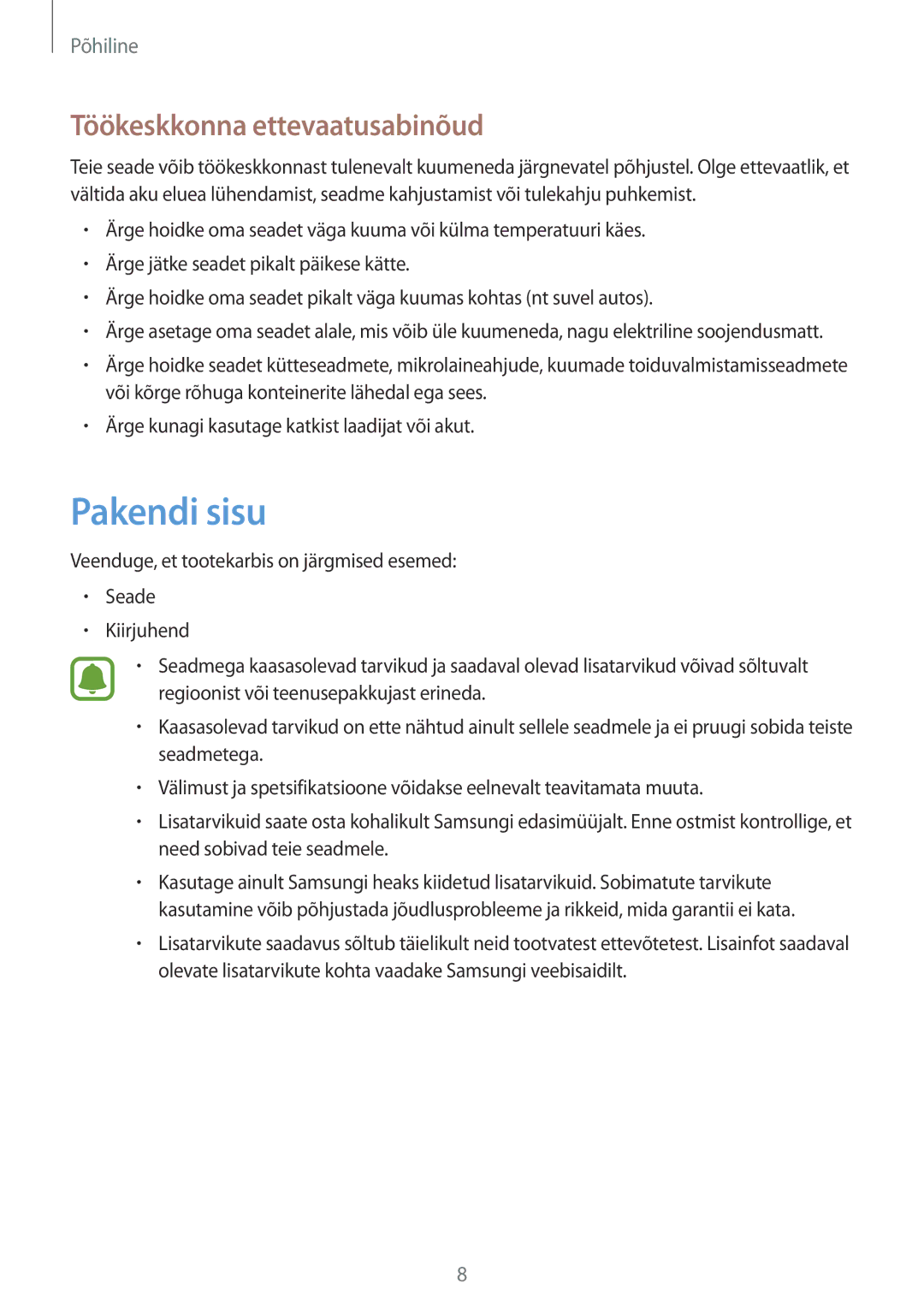 Samsung SM-A310FZKASEB, SM-A310FZDASEB manual Pakendi sisu, Töökeskkonna ettevaatusabinõud 