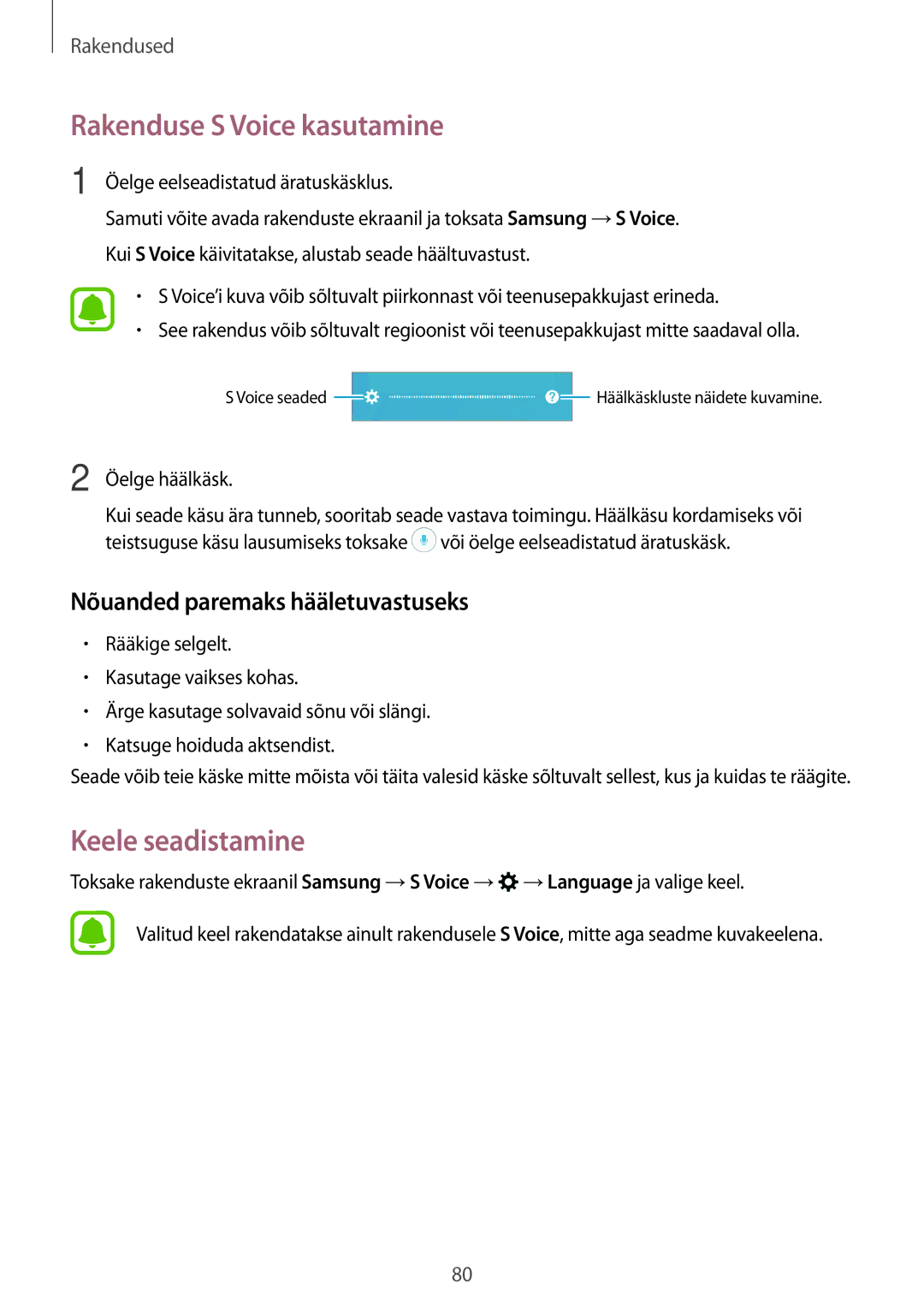 Samsung SM-A310FZKASEB manual Rakenduse S Voice kasutamine, Keele seadistamine, Nõuanded paremaks hääletuvastuseks 