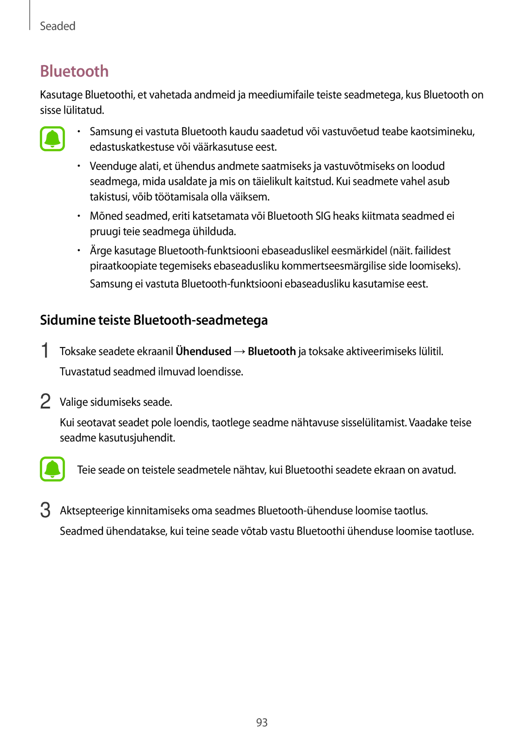 Samsung SM-A310FZDASEB, SM-A310FZKASEB manual Sidumine teiste Bluetooth-seadmetega 