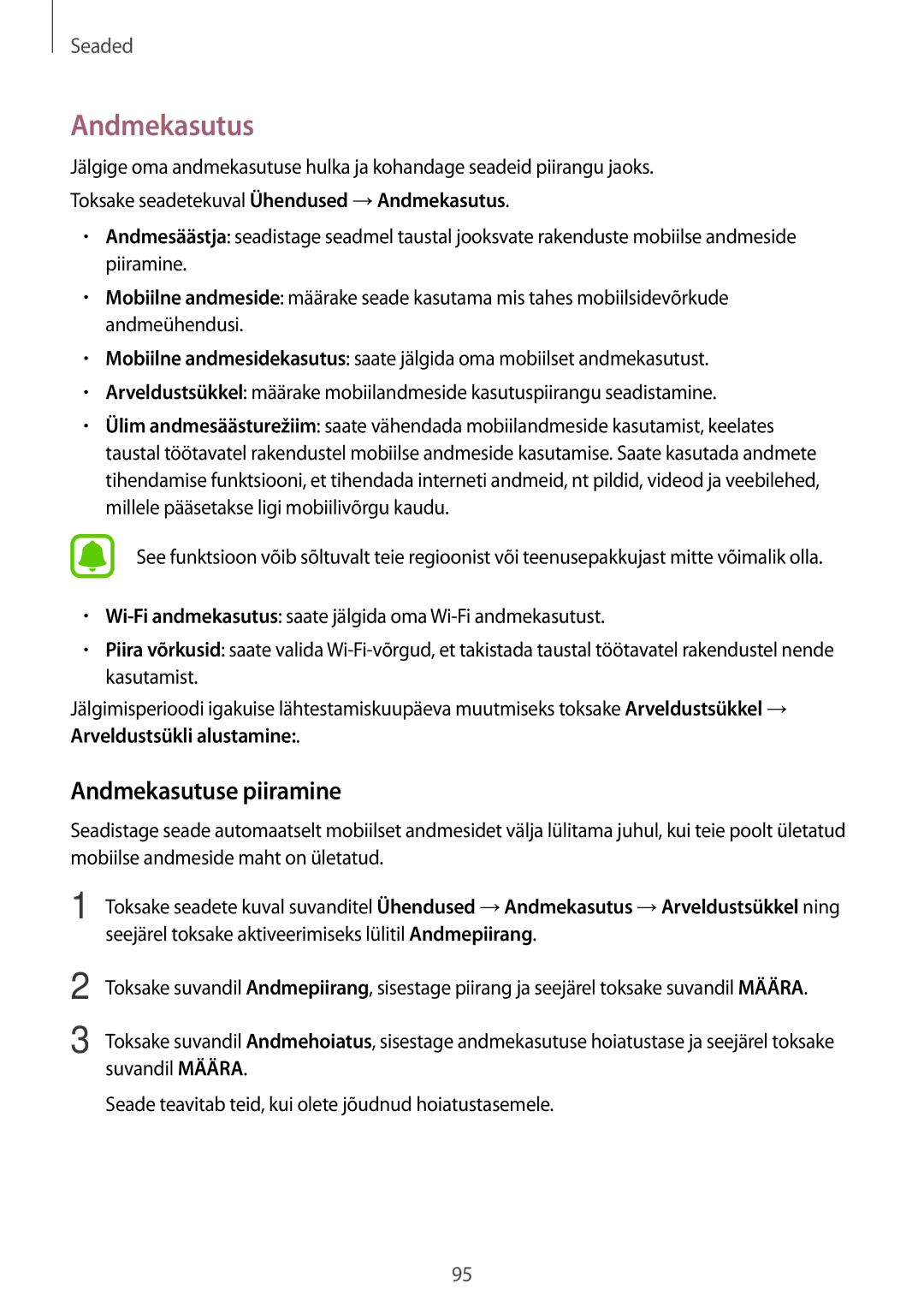 Samsung SM-A310FZDASEB, SM-A310FZKASEB manual Andmekasutuse piiramine, Arveldustsükli alustamine 