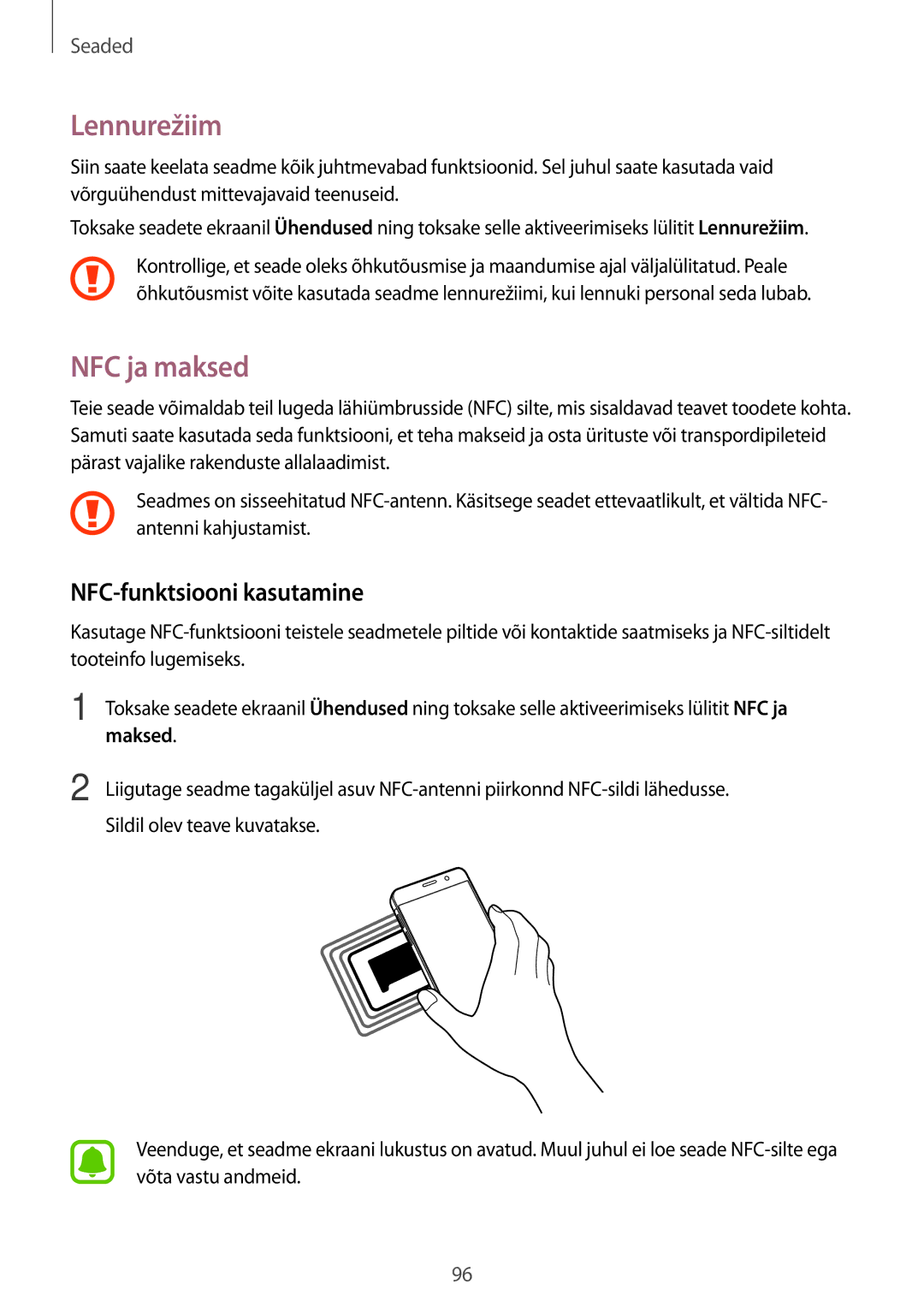 Samsung SM-A310FZKASEB, SM-A310FZDASEB manual Lennurežiim, NFC ja maksed, NFC-funktsiooni kasutamine, Maksed 