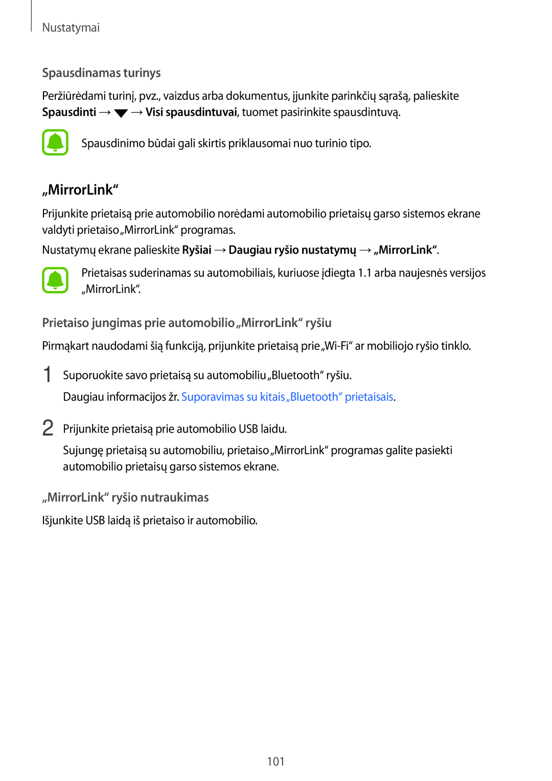 Samsung SM-A310FZDASEB, SM-A310FZKASEB manual „MirrorLink, Spausdinamas turinys 