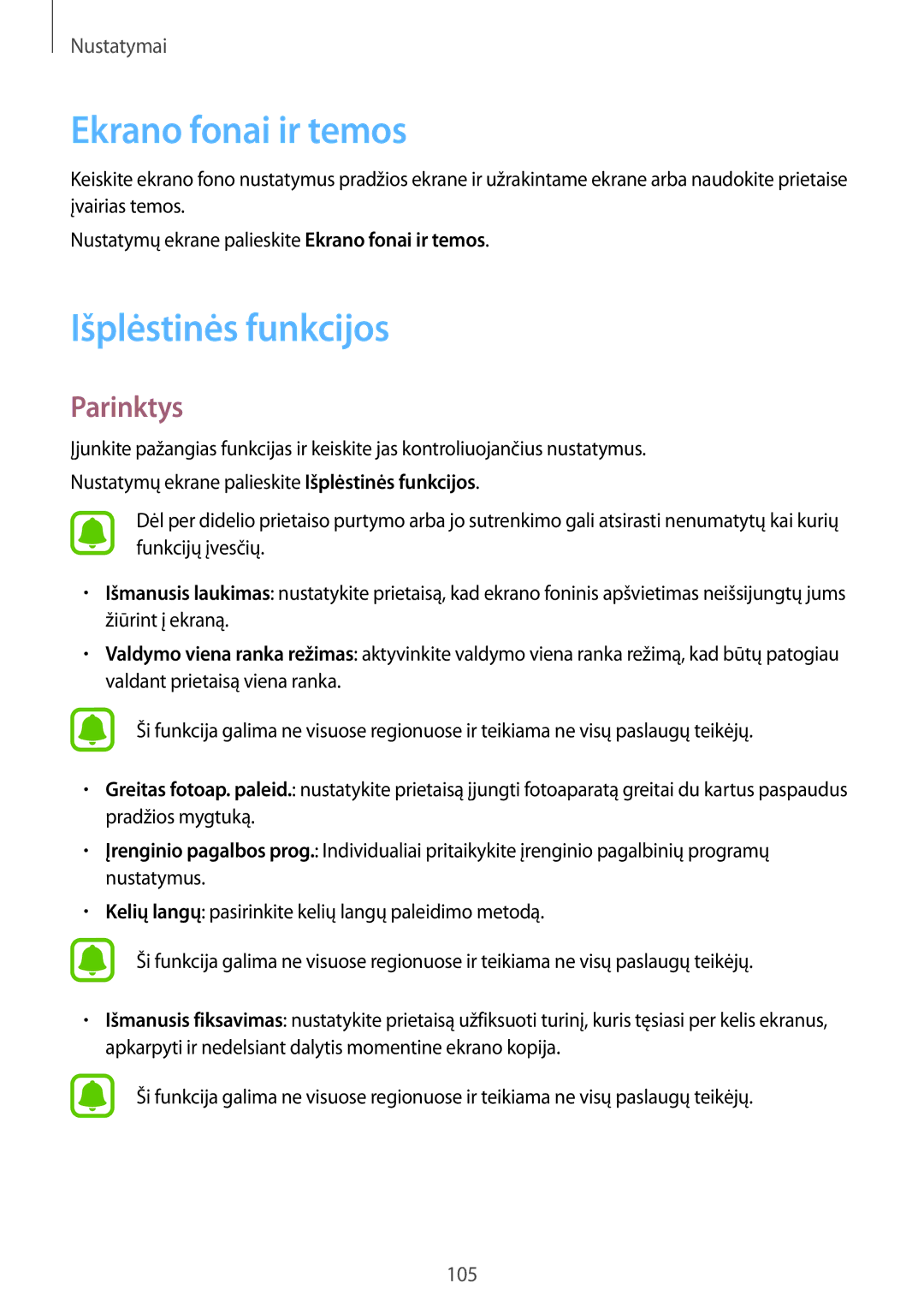 Samsung SM-A310FZDASEB, SM-A310FZKASEB manual Ekrano fonai ir temos, Išplėstinės funkcijos 