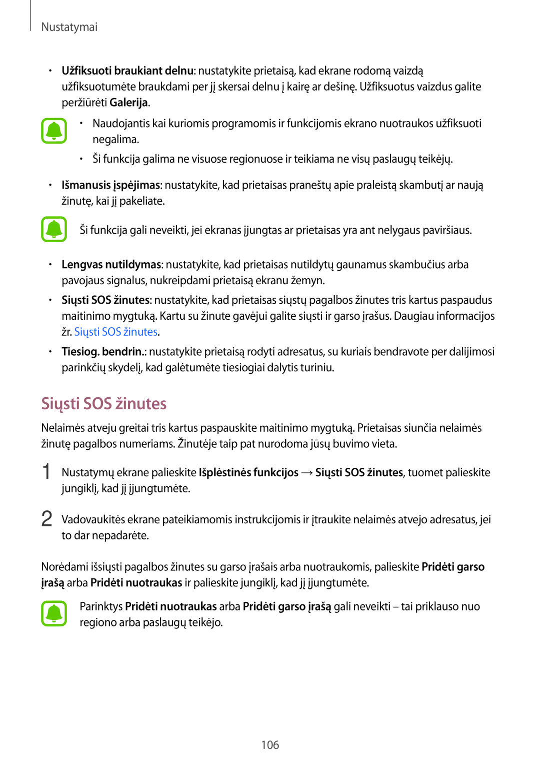 Samsung SM-A310FZKASEB, SM-A310FZDASEB manual Siųsti SOS žinutes 