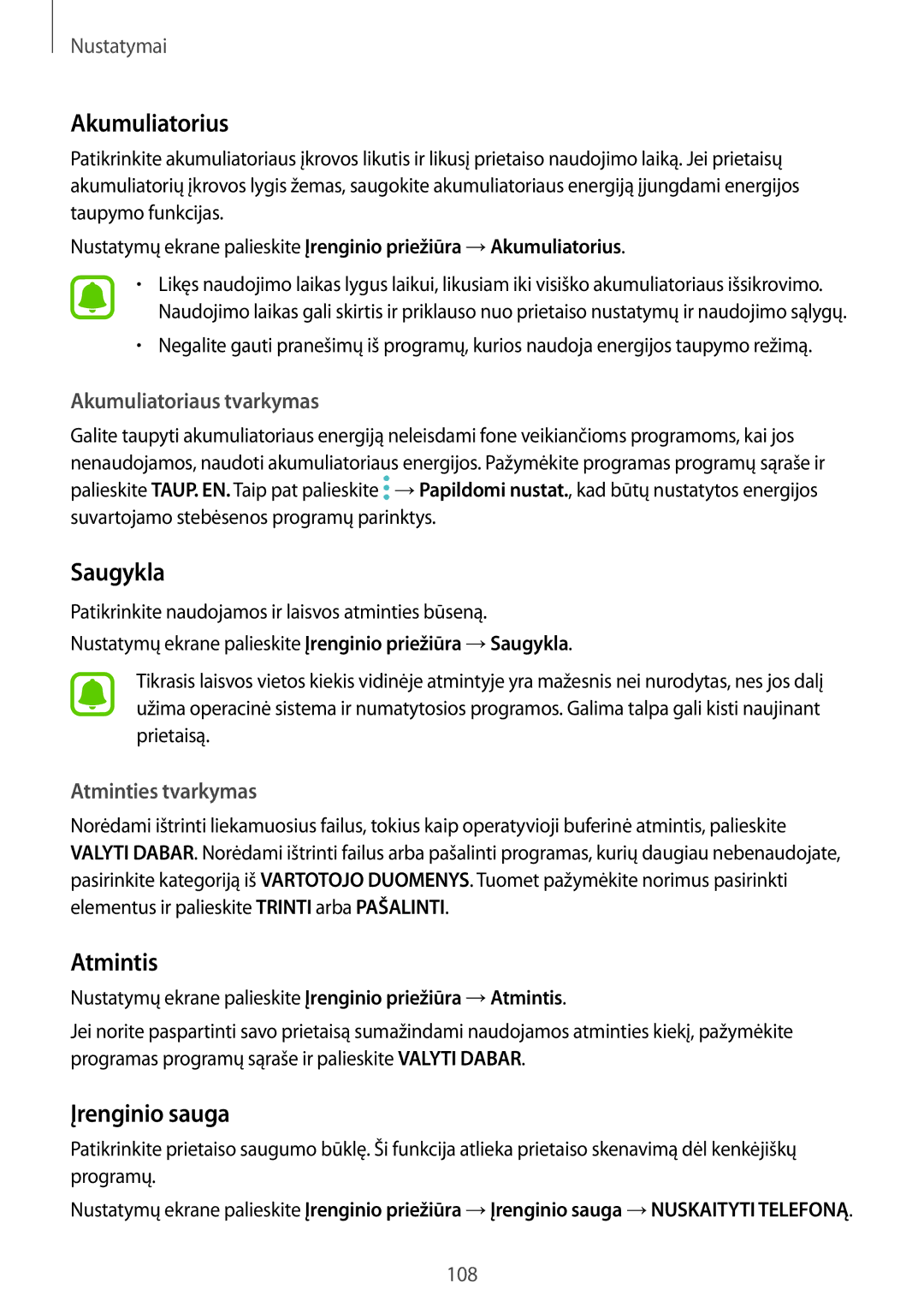 Samsung SM-A310FZKASEB, SM-A310FZDASEB manual Akumuliatorius, Saugykla, Atmintis, Įrenginio sauga 