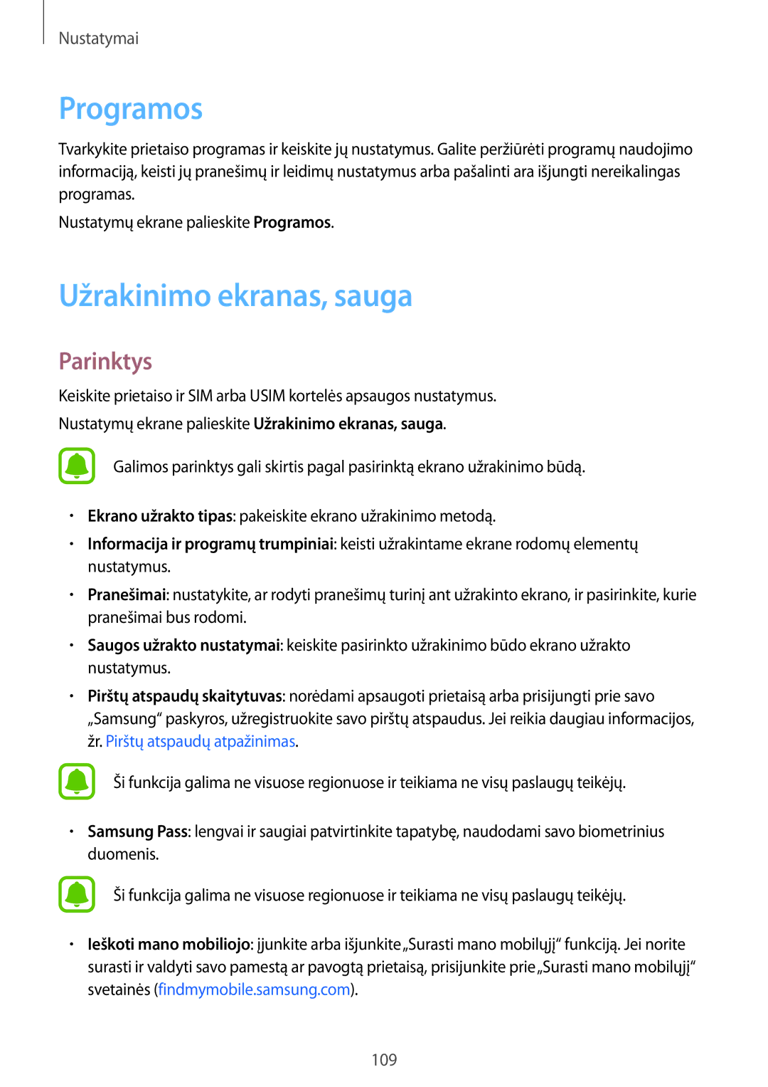 Samsung SM-A310FZDASEB, SM-A310FZKASEB manual Programos, Užrakinimo ekranas, sauga 