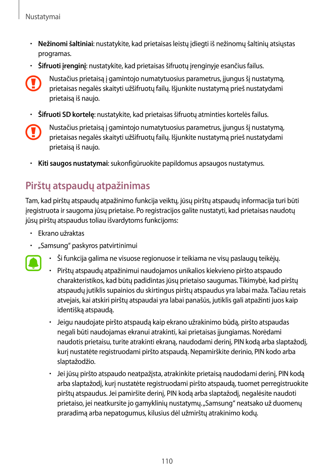 Samsung SM-A310FZKASEB, SM-A310FZDASEB manual Pirštų atspaudų atpažinimas 