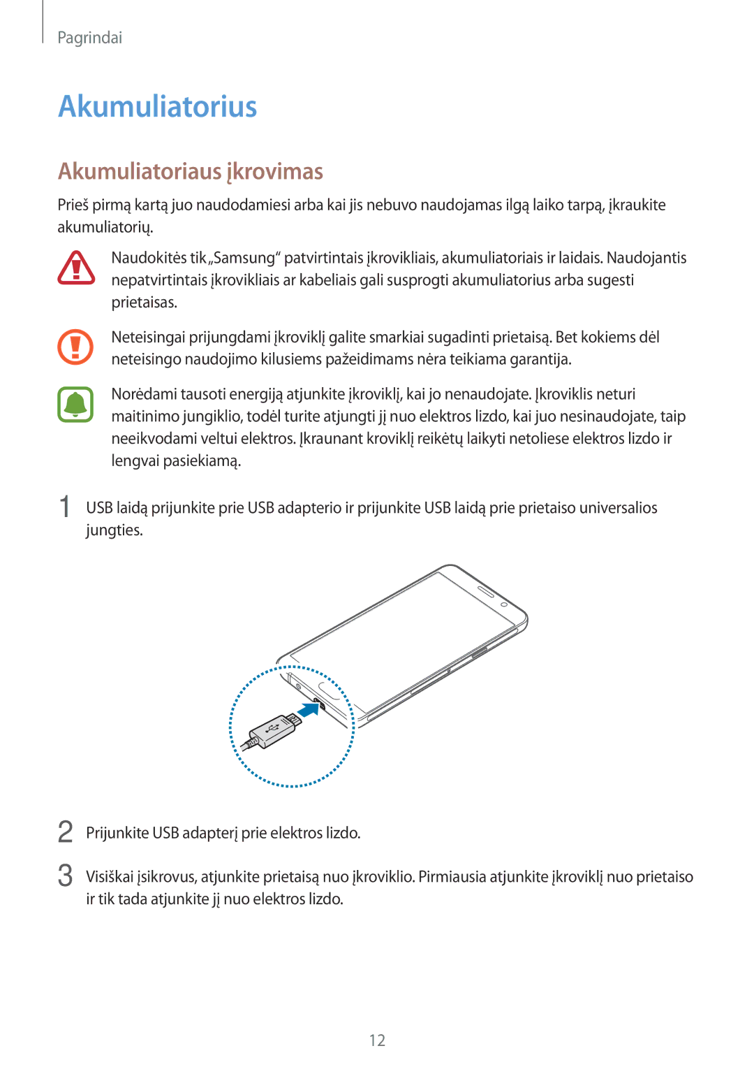 Samsung SM-A310FZKASEB, SM-A310FZDASEB manual Akumuliatorius, Akumuliatoriaus įkrovimas 