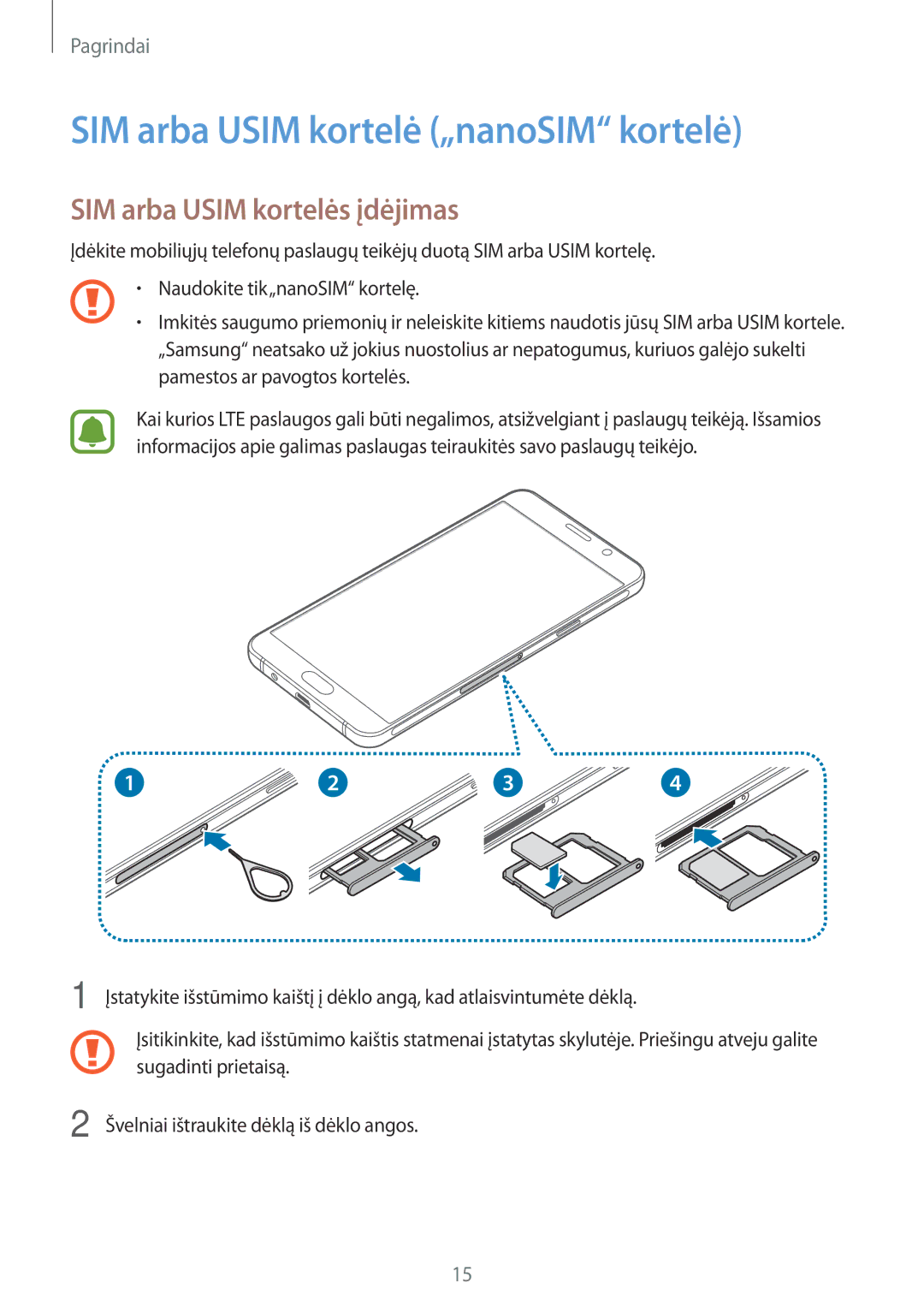 Samsung SM-A310FZDASEB, SM-A310FZKASEB manual SIM arba Usim kortelė „nanoSIM kortelė, SIM arba Usim kortelės įdėjimas 