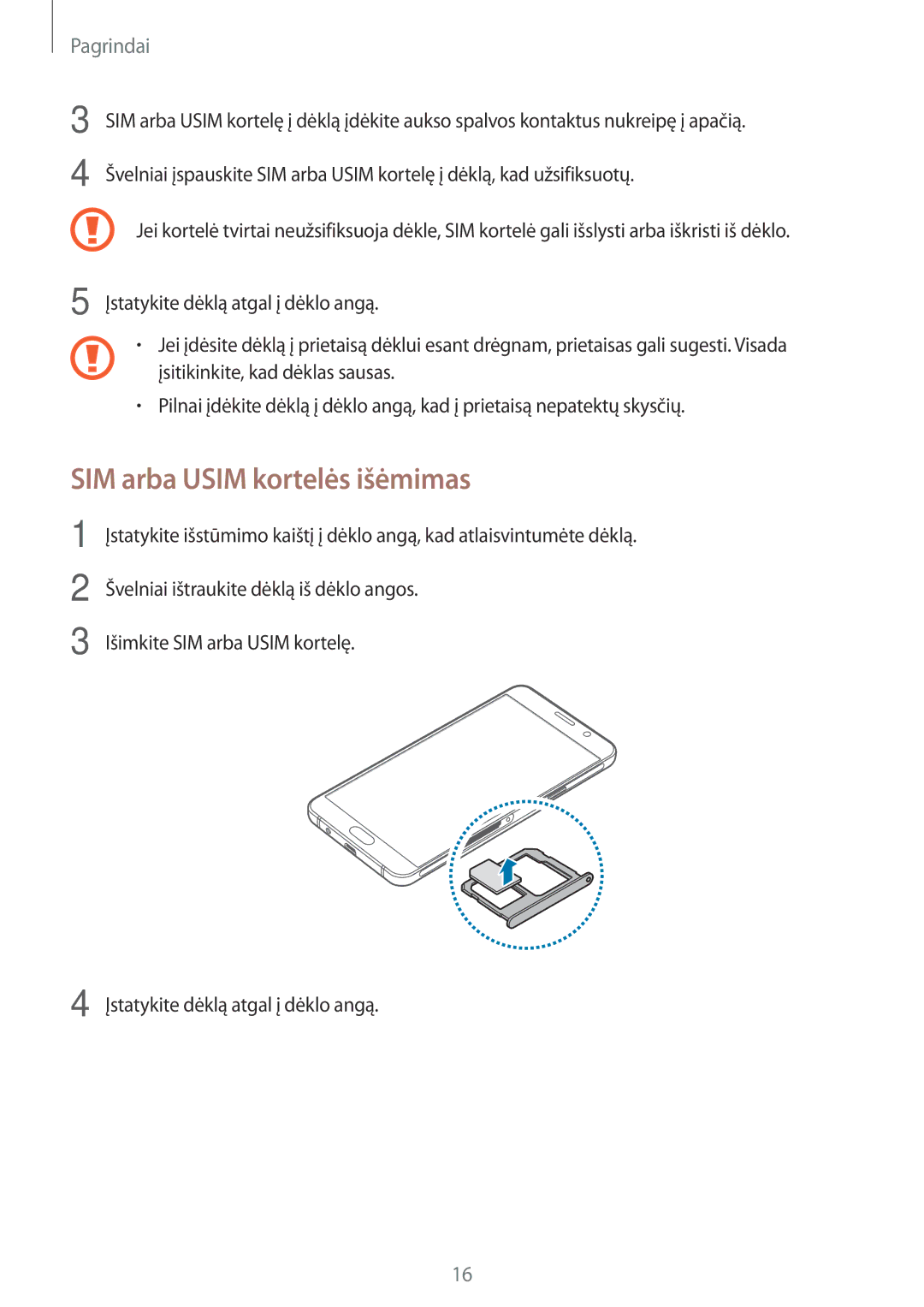 Samsung SM-A310FZKASEB, SM-A310FZDASEB manual SIM arba Usim kortelės išėmimas 