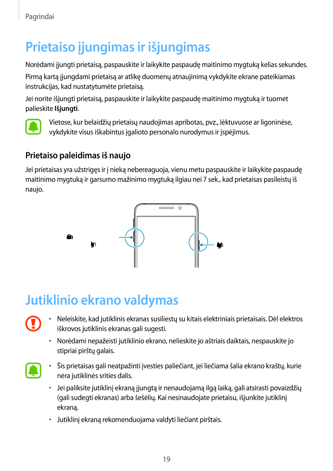 Samsung SM-A310FZDASEB manual Prietaiso įjungimas ir išjungimas, Jutiklinio ekrano valdymas, Prietaiso paleidimas iš naujo 