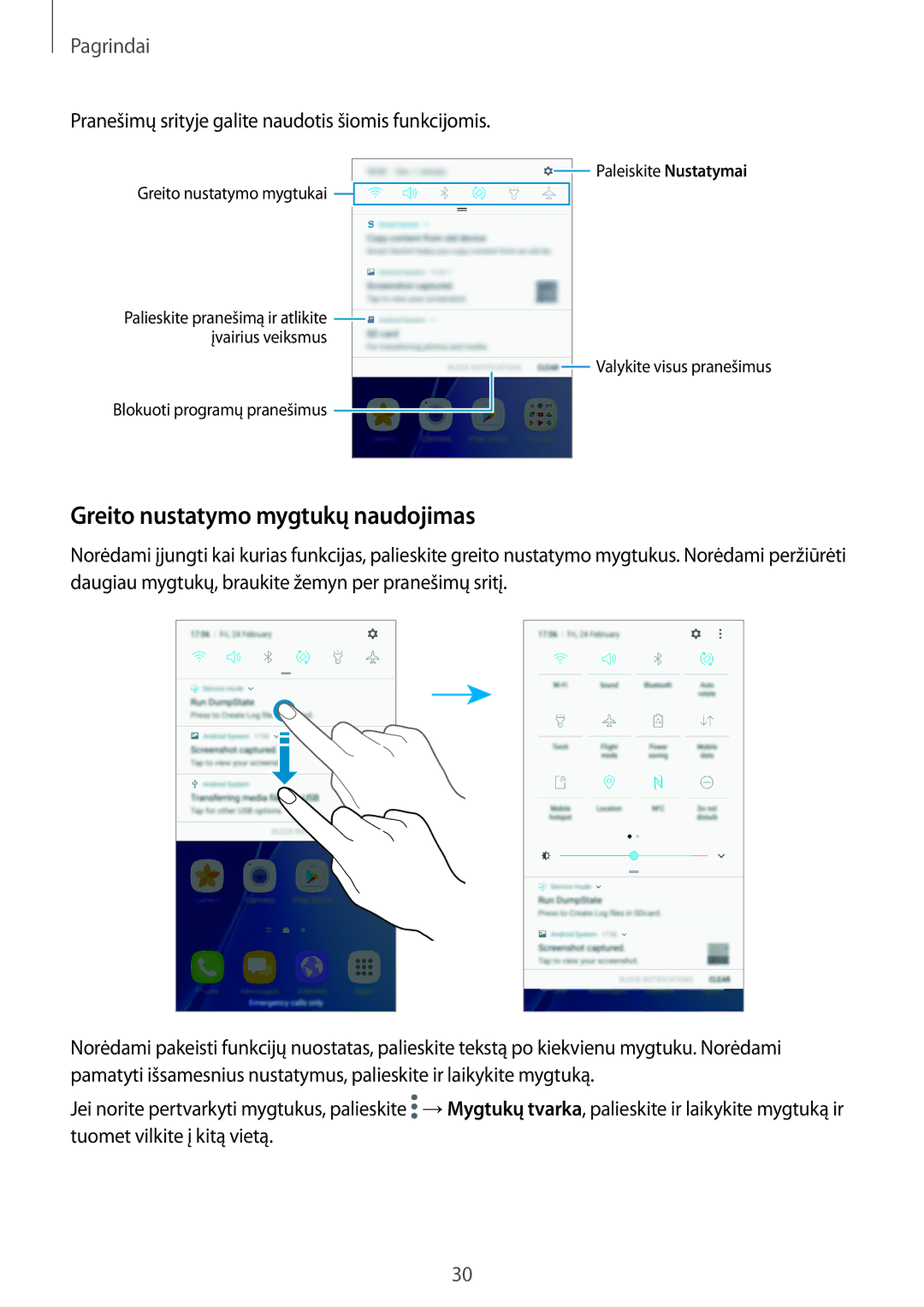 Samsung SM-A310FZKASEB manual Greito nustatymo mygtukų naudojimas, Pranešimų srityje galite naudotis šiomis funkcijomis 