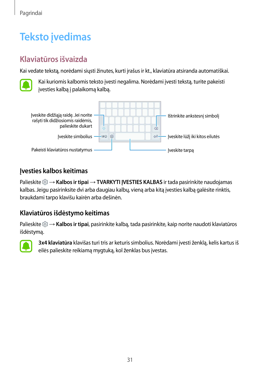 Samsung SM-A310FZDASEB Teksto įvedimas, Klaviatūros išvaizda, Įvesties kalbos keitimas, Klaviatūros išdėstymo keitimas 