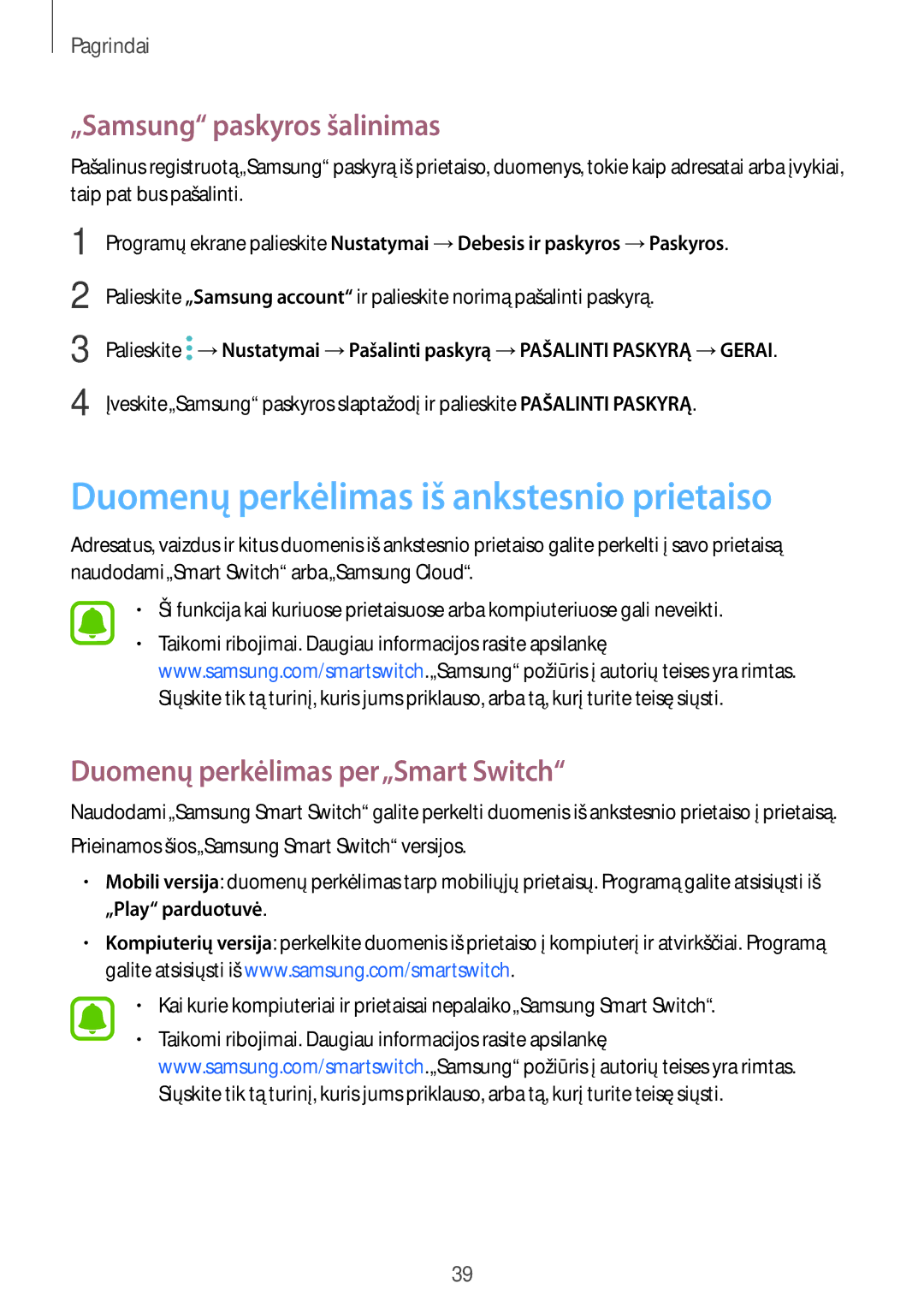 Samsung SM-A310FZDASEB, SM-A310FZKASEB manual Duomenų perkėlimas iš ankstesnio prietaiso, „Samsung paskyros šalinimas 