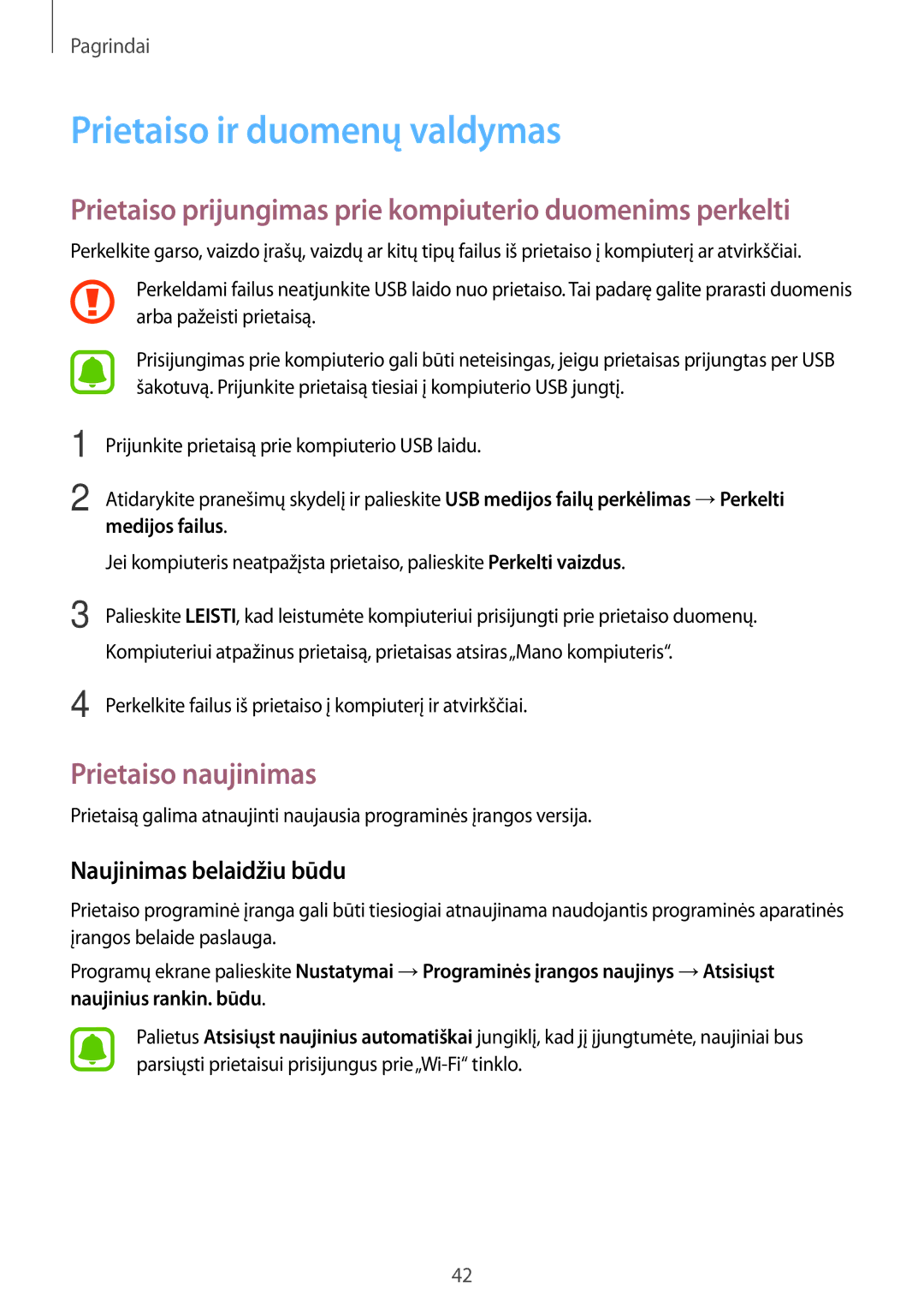 Samsung SM-A310FZKASEB, SM-A310FZDASEB manual Prietaiso ir duomenų valdymas, Prietaiso naujinimas, Naujinimas belaidžiu būdu 