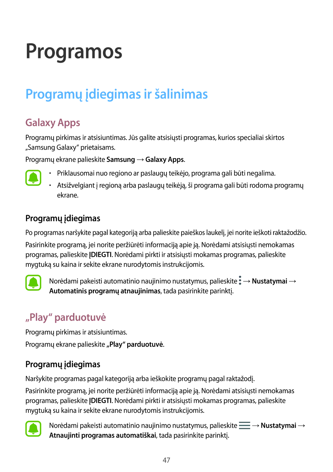 Samsung SM-A310FZDASEB, SM-A310FZKASEB manual Programų įdiegimas ir šalinimas, Galaxy Apps, „Play parduotuvė 
