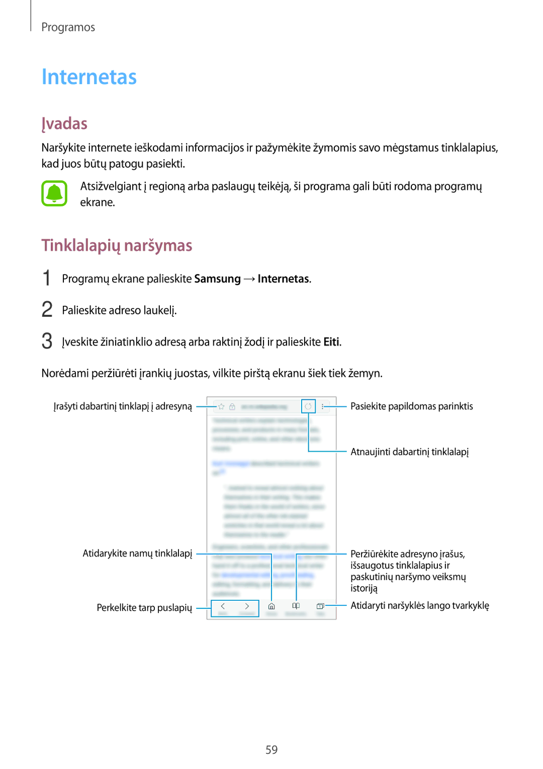 Samsung SM-A310FZDASEB, SM-A310FZKASEB manual Internetas, Tinklalapių naršymas 