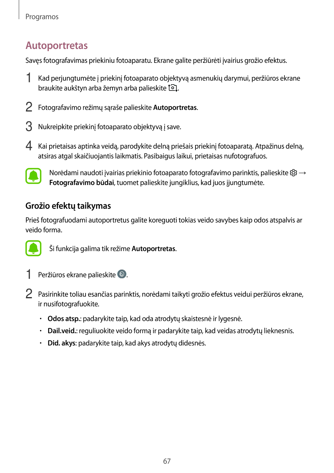 Samsung SM-A310FZDASEB, SM-A310FZKASEB manual Autoportretas, Grožio efektų taikymas 