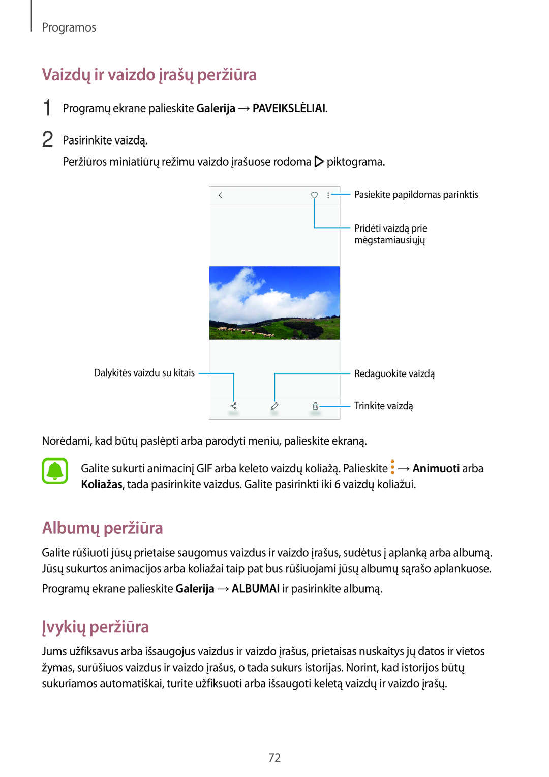 Samsung SM-A310FZKASEB, SM-A310FZDASEB manual Vaizdų ir vaizdo įrašų peržiūra, Albumų peržiūra, Įvykių peržiūra 