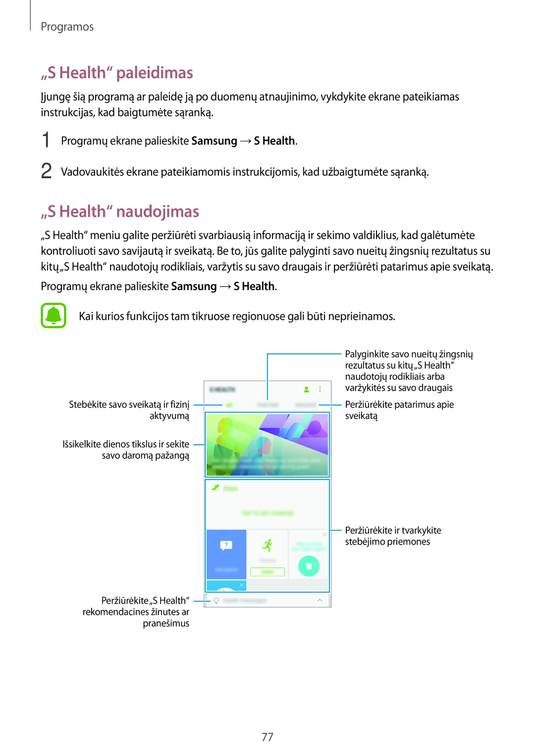 Samsung SM-A310FZDASEB, SM-A310FZKASEB manual „S Health paleidimas, „S Health naudojimas 