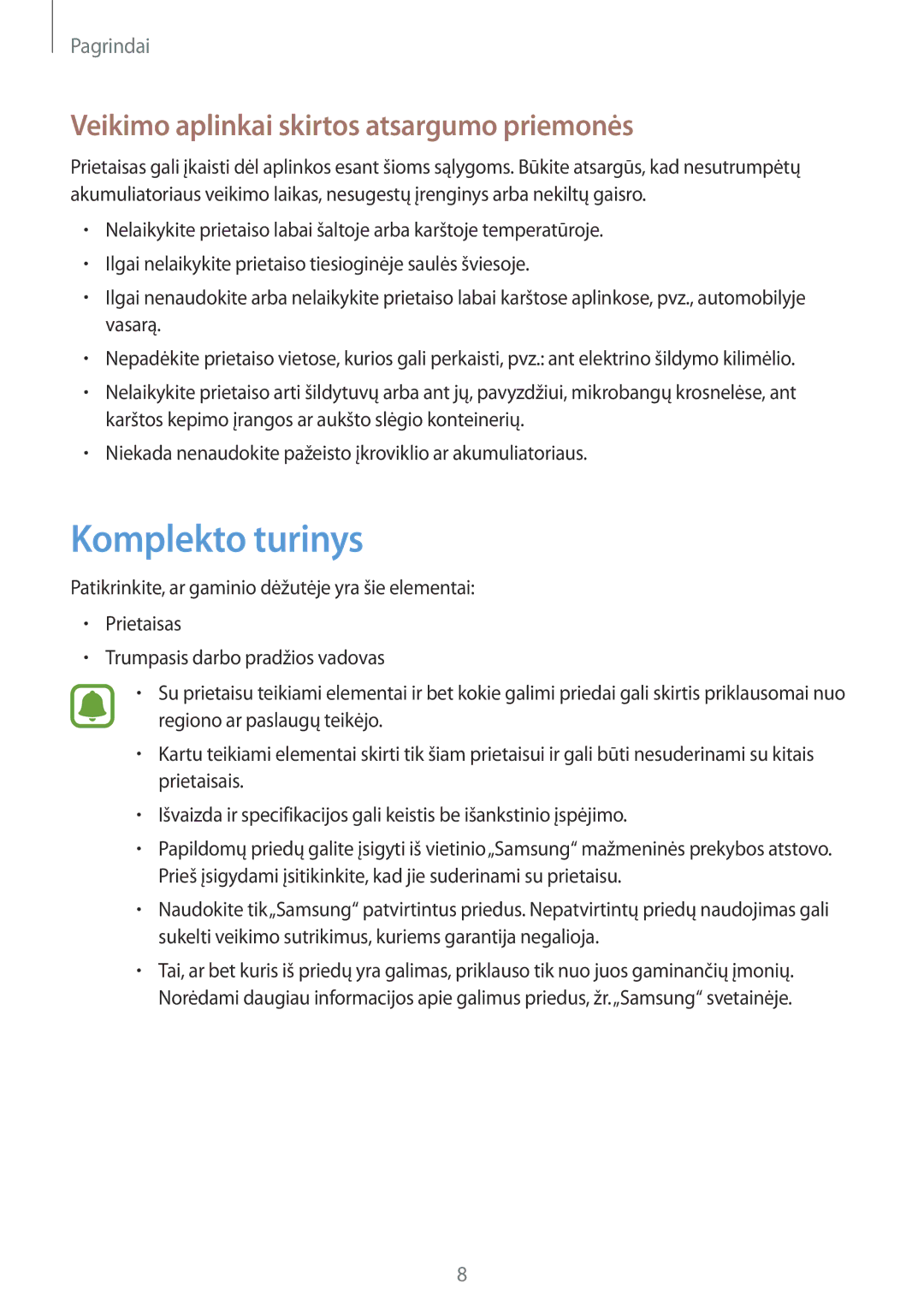 Samsung SM-A310FZKASEB, SM-A310FZDASEB manual Komplekto turinys, Veikimo aplinkai skirtos atsargumo priemonės 