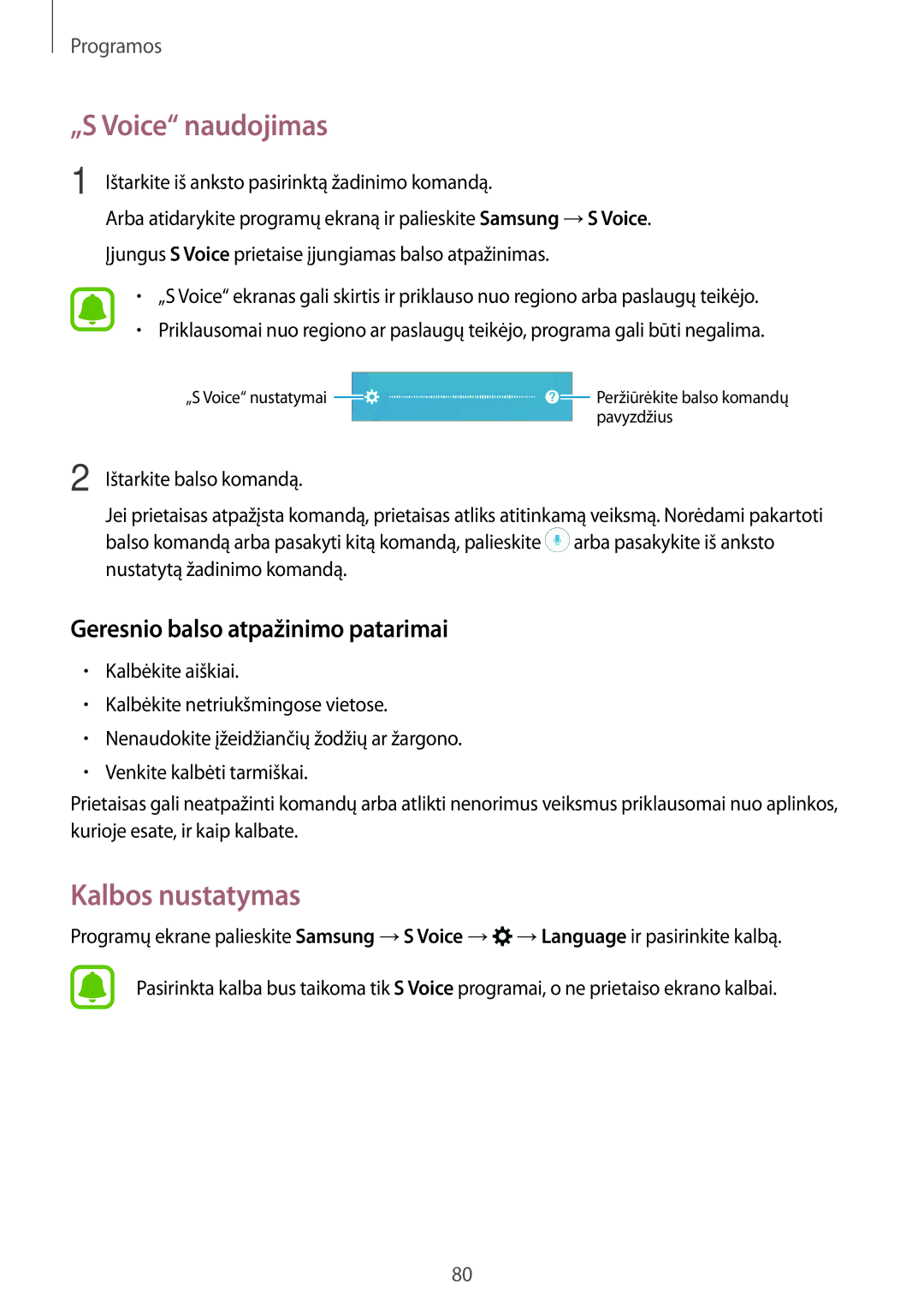 Samsung SM-A310FZKASEB, SM-A310FZDASEB manual „S Voice naudojimas, Kalbos nustatymas, Geresnio balso atpažinimo patarimai 