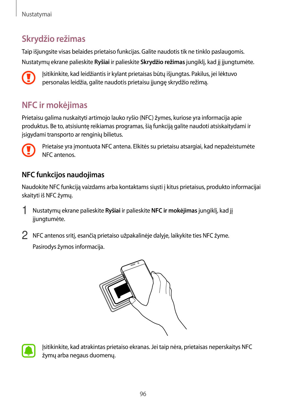 Samsung SM-A310FZKASEB, SM-A310FZDASEB manual Skrydžio režimas, NFC ir mokėjimas, NFC funkcijos naudojimas 