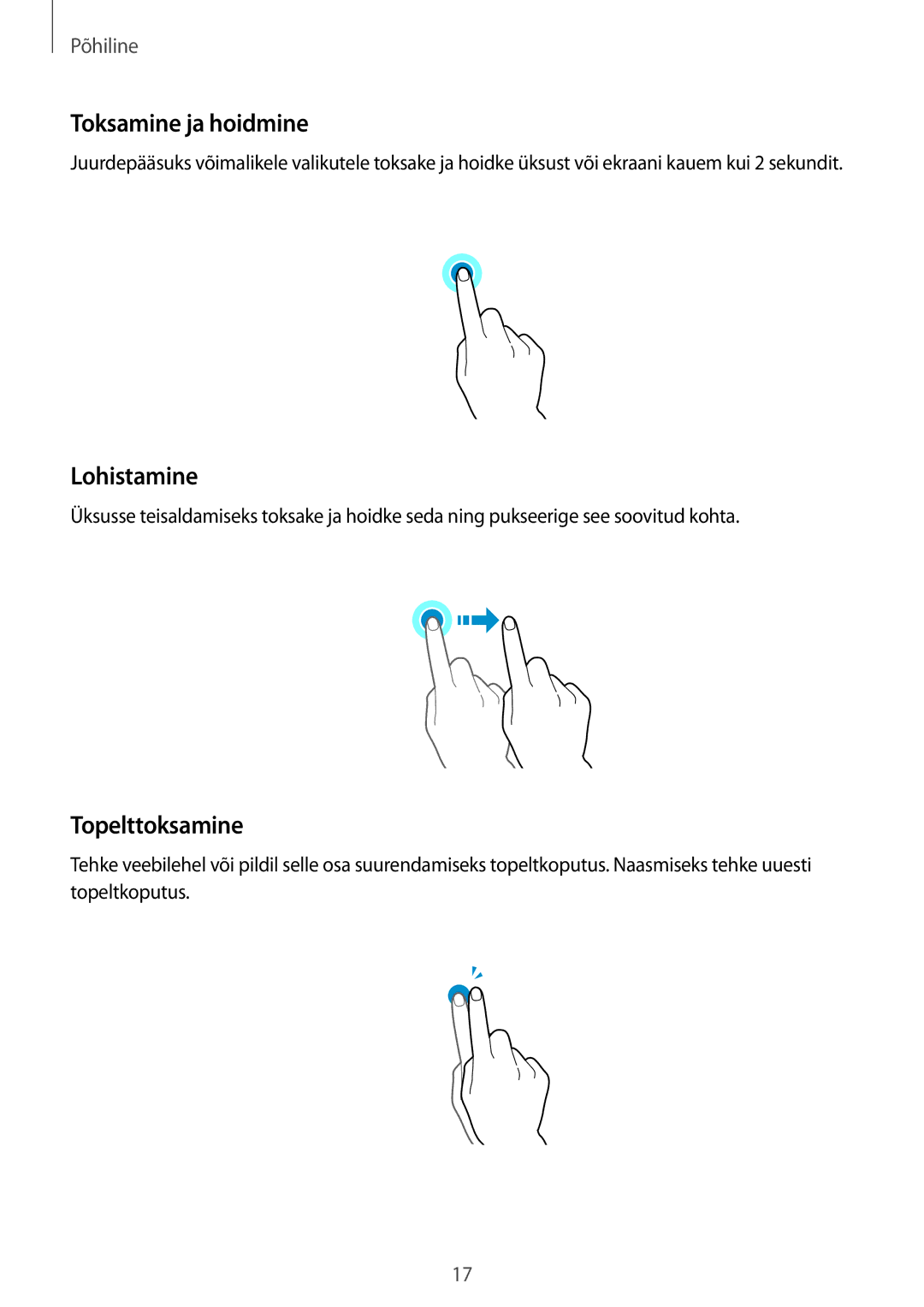 Samsung SM-A310FZDASEB, SM-A310FZKASEB manual Toksamine ja hoidmine, Lohistamine, Topelttoksamine 