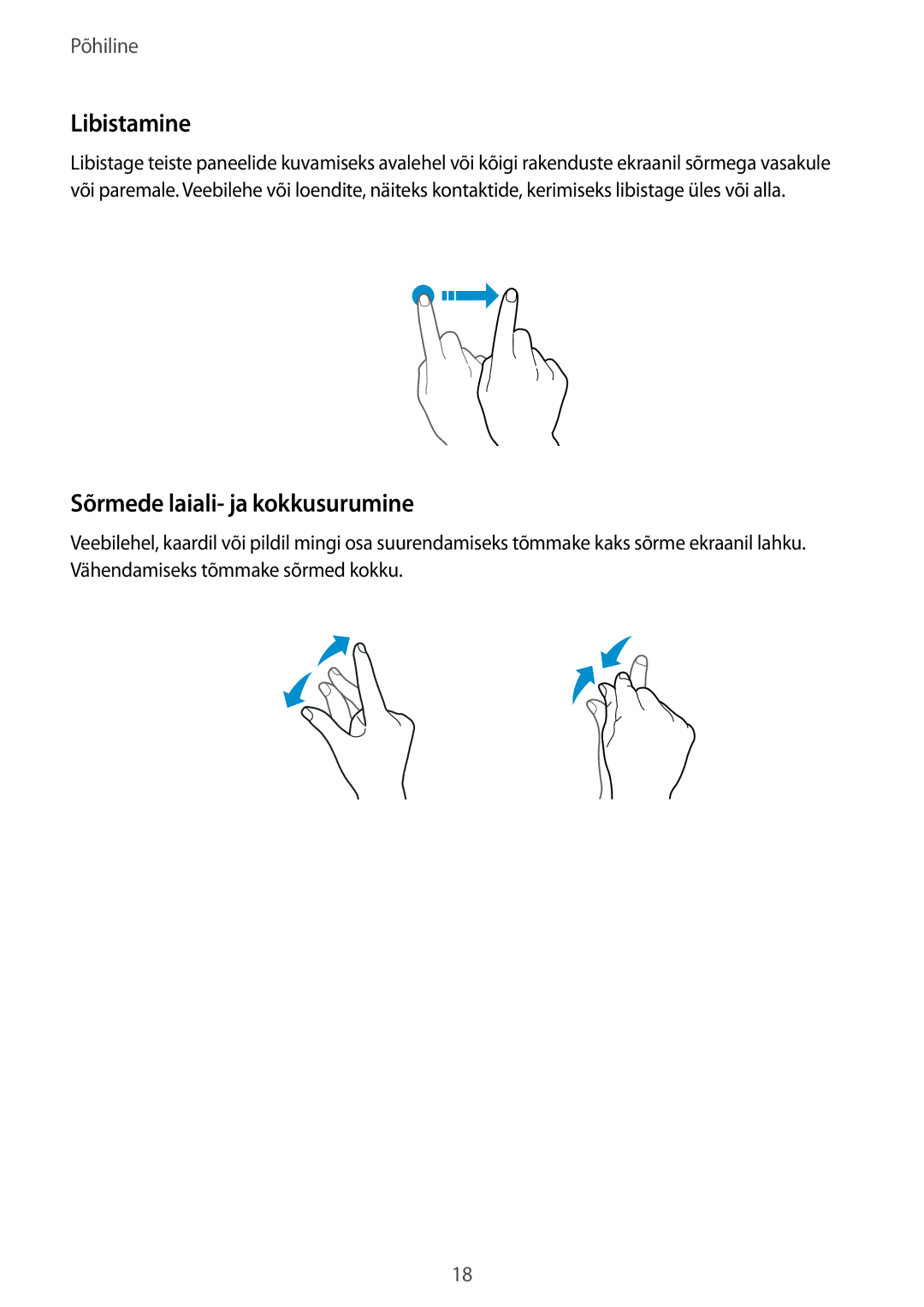 Samsung SM-A310FZKASEB, SM-A310FZDASEB manual Libistamine, Sõrmede laiali- ja kokkusurumine 